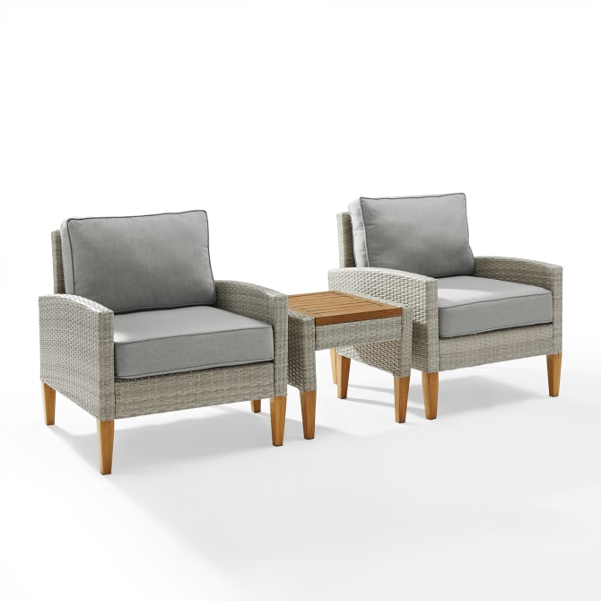 Capella 3Pc Outdoor Wicker Chair Set - Gray/Acorn, All-Weather Resin, Hand-Painted Steel, Cushioned Chairs, Quick-Drying Fabric