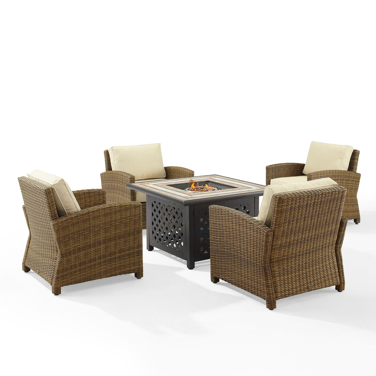 Bradenton 5Pc Conversation Set: All-Weather Wicker Armchairs & Fire Table. Cozy Fire, Resilient Wicker, Luxurious Cushions. Elegant Outdoor Oasis.