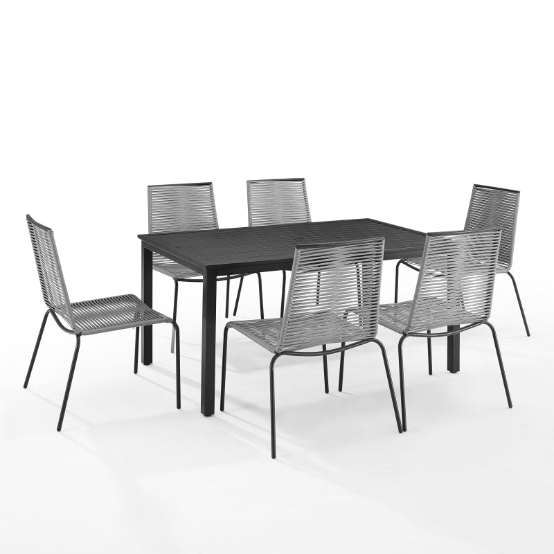 Fenton 7Pc Outdoor Dining Set - 6 Armless Chairs & Rectangular Table - Stylish Wicker Design - Stacking Chairs - Durable Steel - Gray