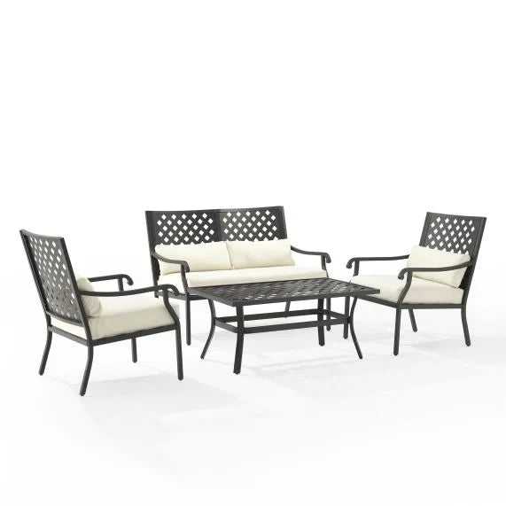 Alistair 4Pc Outdoor Metal Conversation Set In Creme - Steel Frame, All-Weather Finish, Plush Cushions - Perfect For Outdoor Relaxation