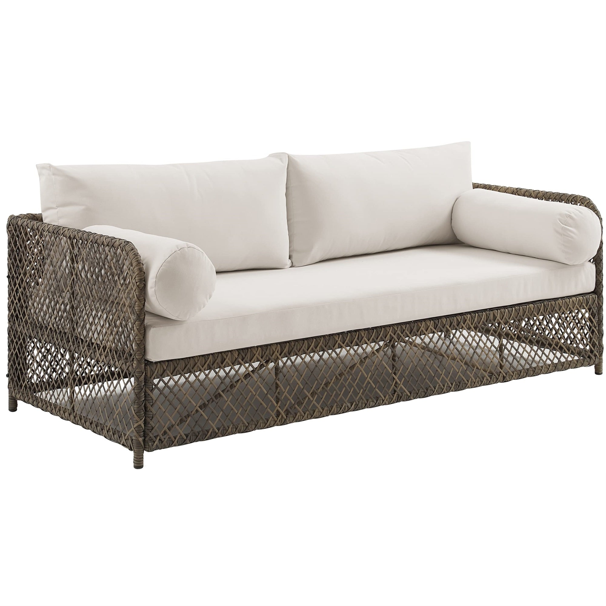 Casafoyer Furniture Granite Bay Wicker Outdoor Sofa, 3-Person Patio Couch For Porch, Deck, Backyard, Stone With Crme Cushions