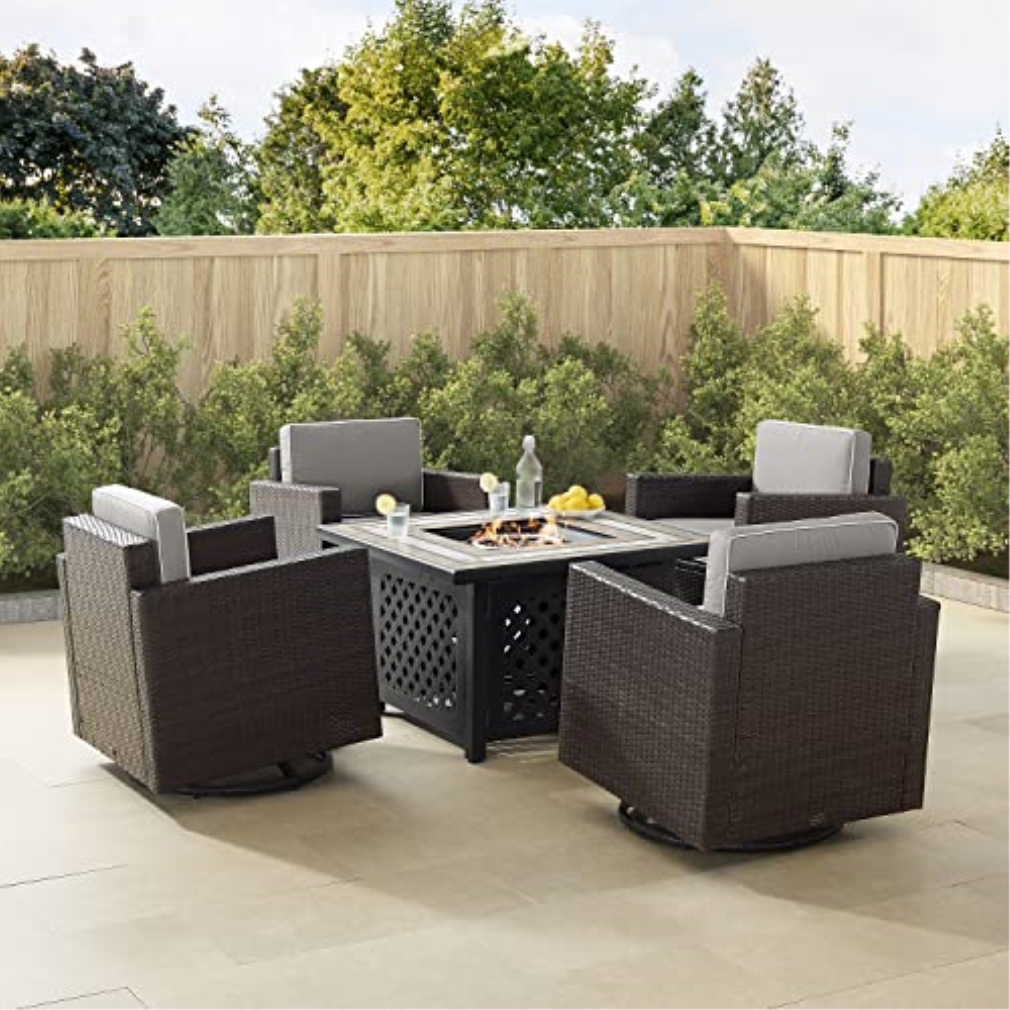Palm Harbor 5Pc Outdoor Wicker Conversation Set With Fire Table - Tucson Fire Table & 4 Swivel Rocking Chairs By Ergode