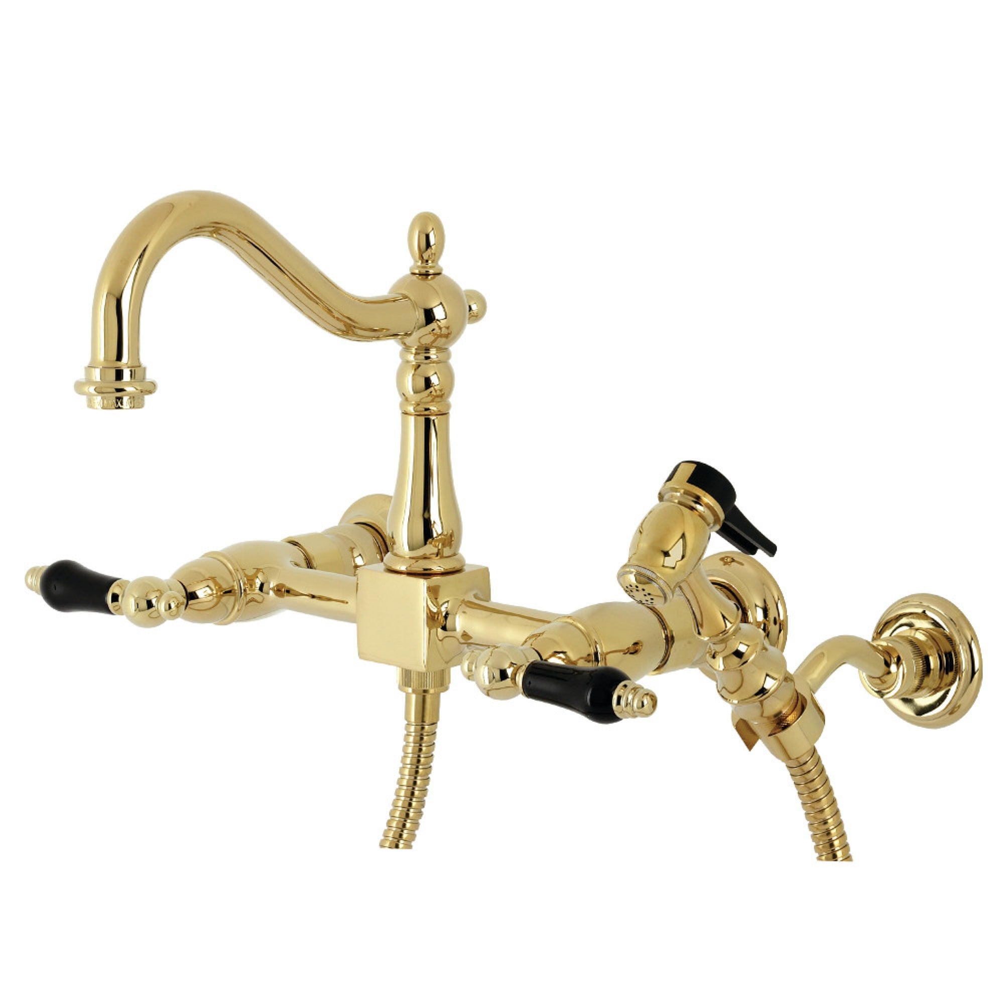 Kingston Brass Ks1262Pklbs Duchess Wall Mount Bridge Kitchen Faucet With Brass Sprayer, Polished Brass