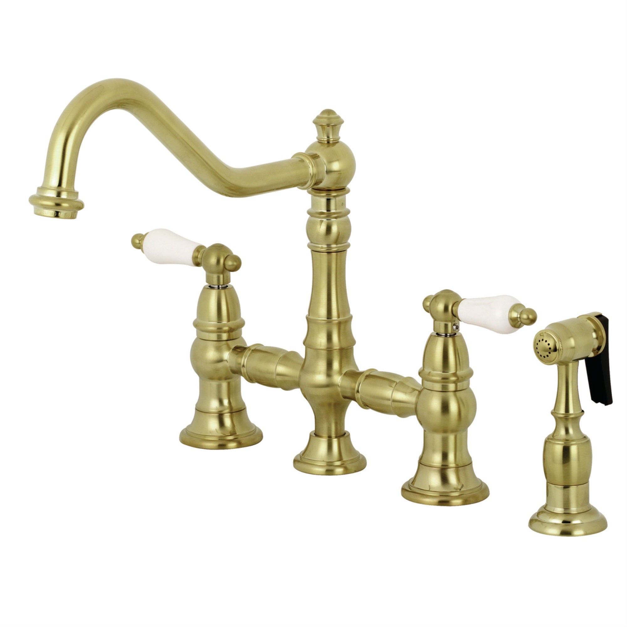 Kingston Brass Ks3277Plbs Restoration 8-Inch Bridge Kitchen Faucet With Sprayer, Brushed Brass
