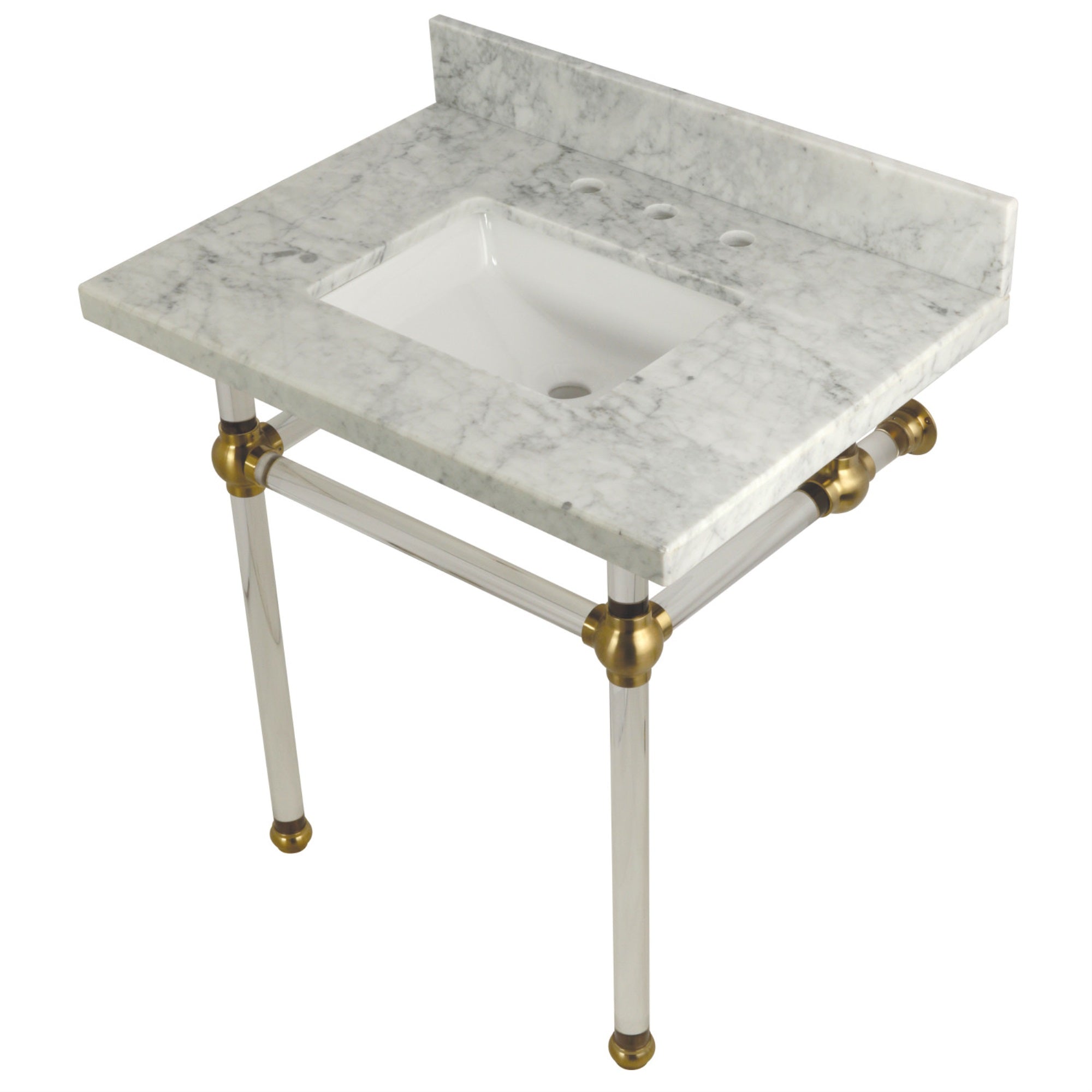 Kingston Brass Kvpb3030Masq7 Templeton 30X22 Carrara Marble Vanity Top With Clear Acrylic Feet Combo, Carrara Marble/Brushed Bra
