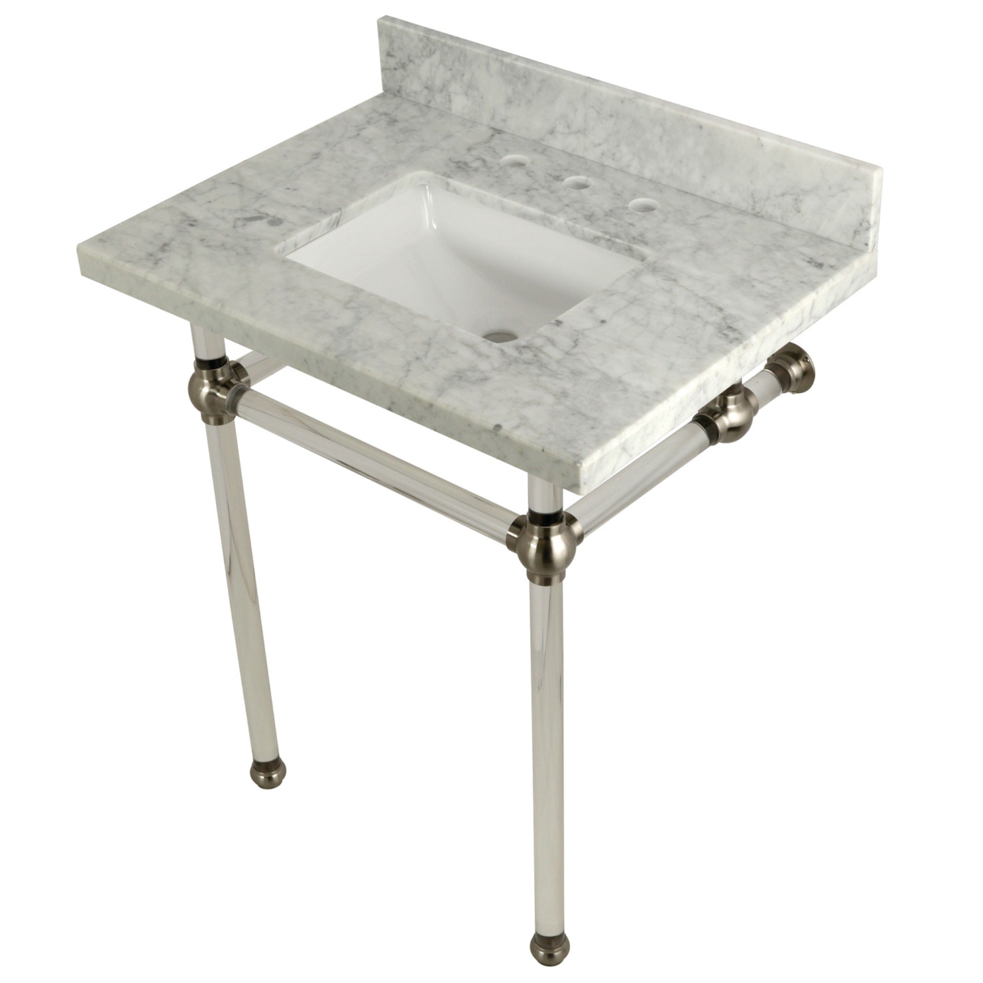Kingston Brass Kvpb30Masq8 Templeton 30X22 Carrara Marble Vanity Top With Clear Acrylic Feet Combo, Carrara Marble/Brushed Nicke
