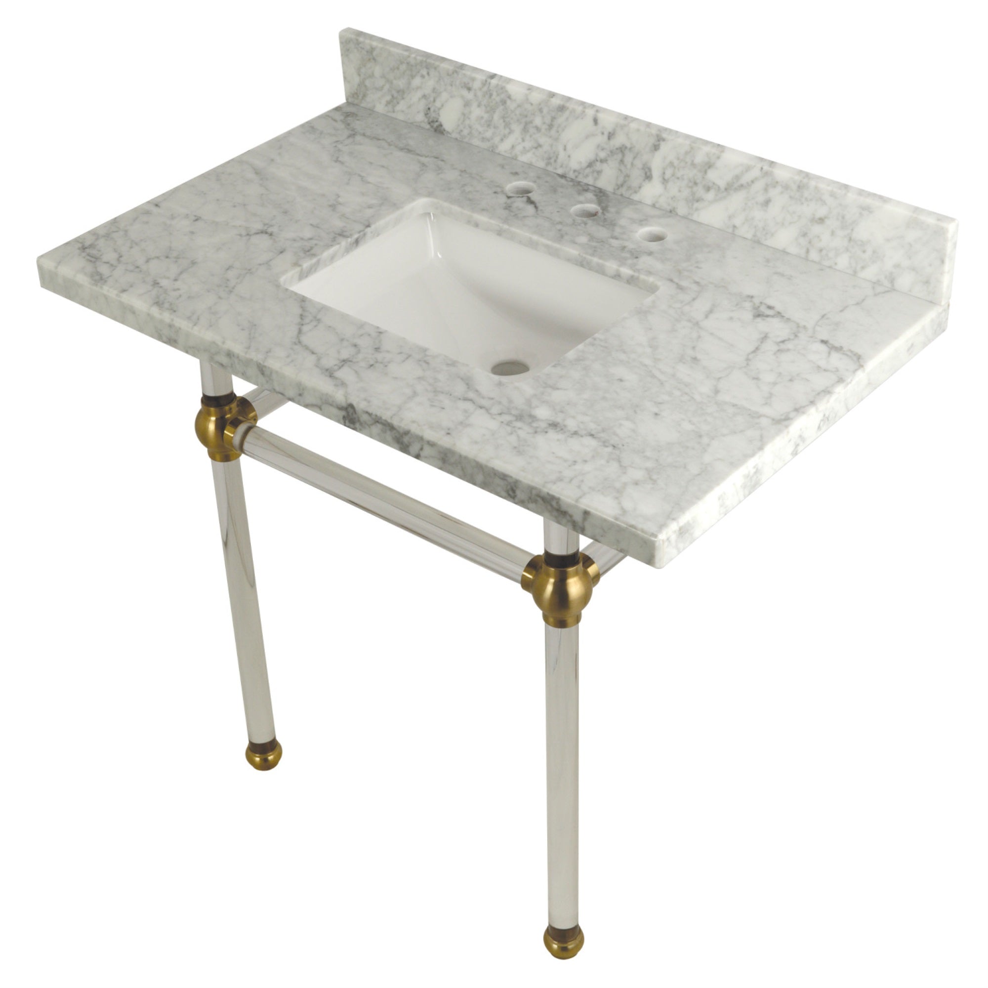 Kingston Brass Kvpb3630Masq7 Templeton 36X22 Carrara Marble Vanity Top With Clear Acrylic Feet Combo, Carrara Marble/Brushed Bra