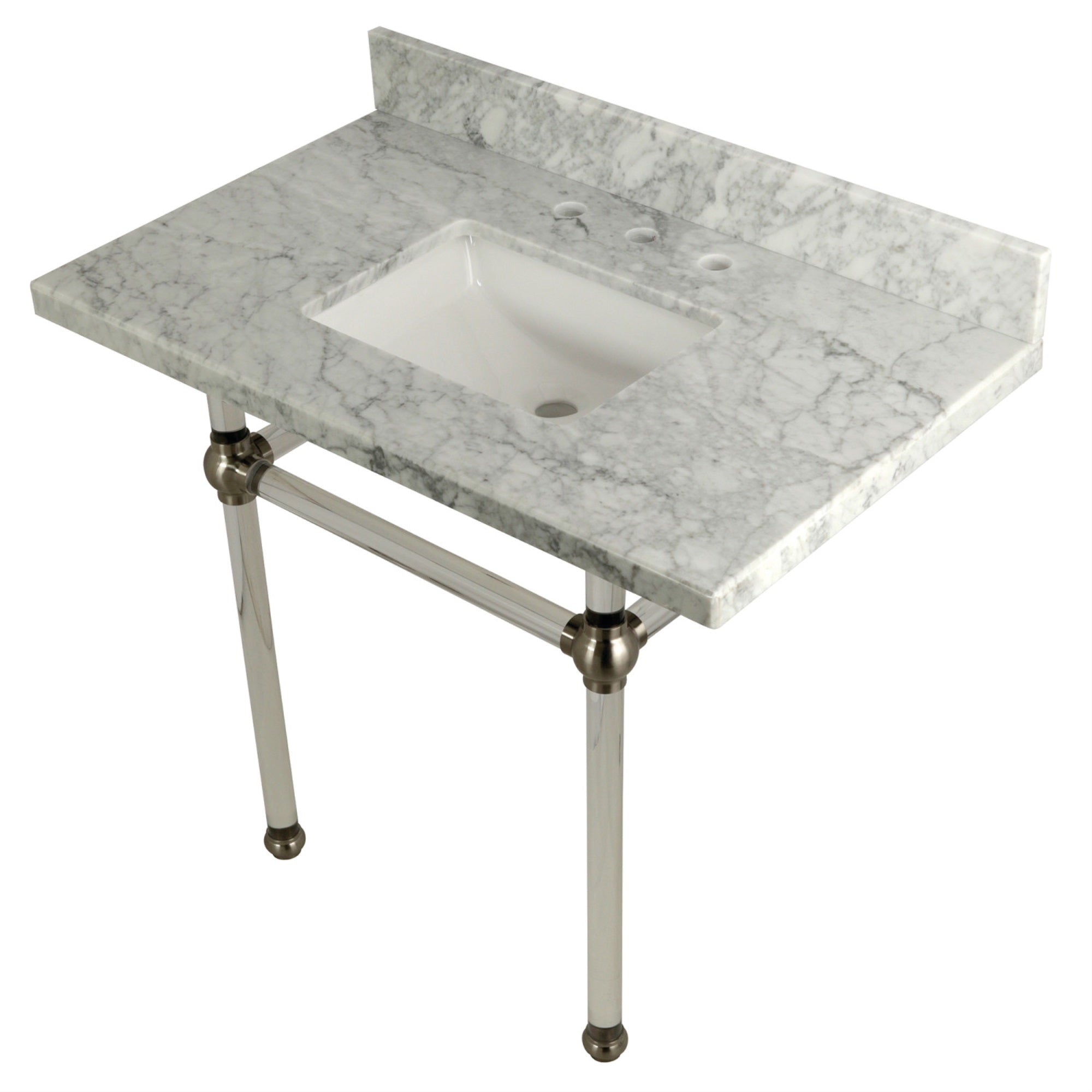 Kingston Brass Kvpb3630Masq8 Templeton 36X22 Carrara Marble Vanity Top With Clear Acrylic Feet Combo, Carrara Marble/Brushed Nic
