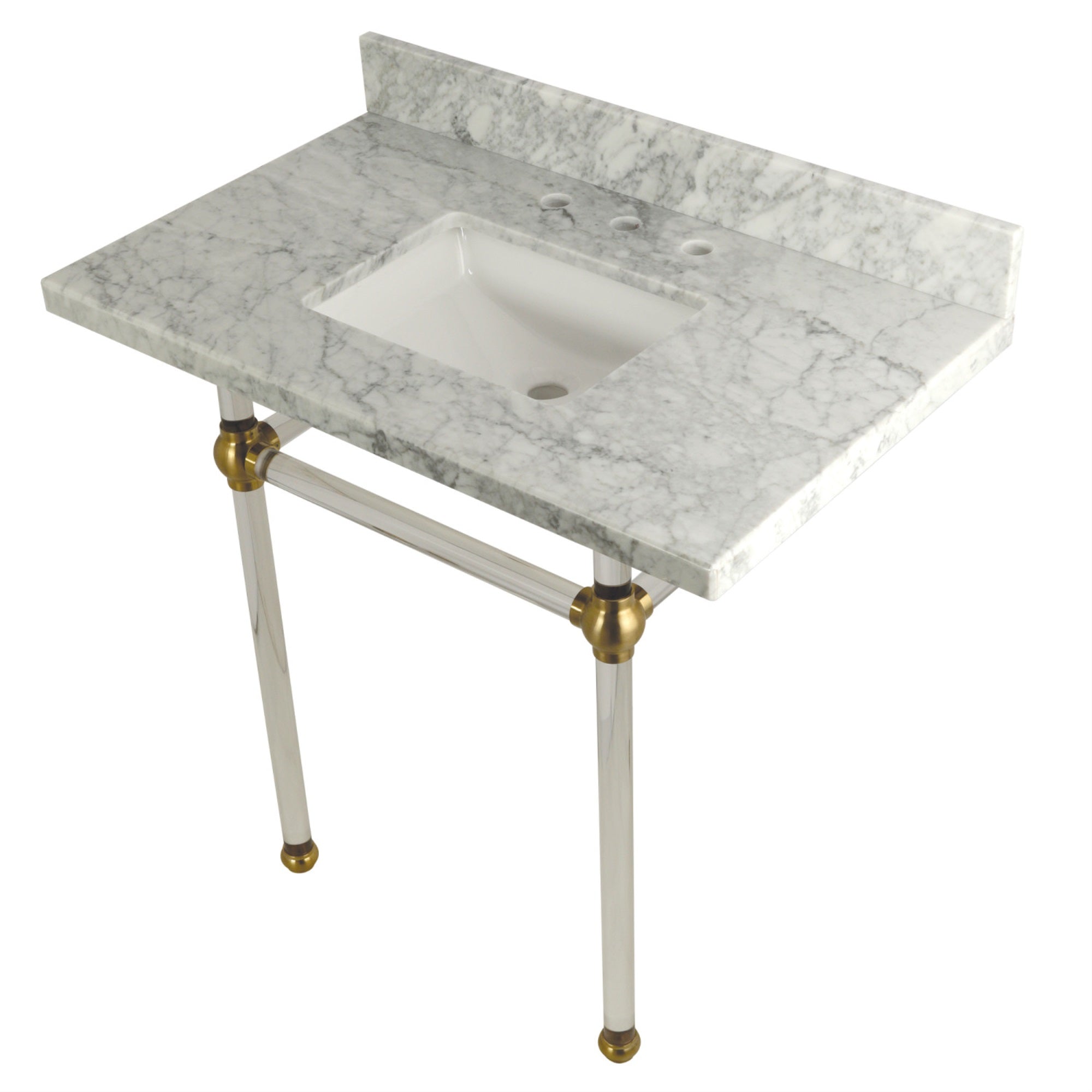 Kingston Brass Kvpb36Masq7 Templeton 36X22 Carrara Marble Vanity Top With Clear Acrylic Feet Combo, Carrara Marble/Brushed Brass