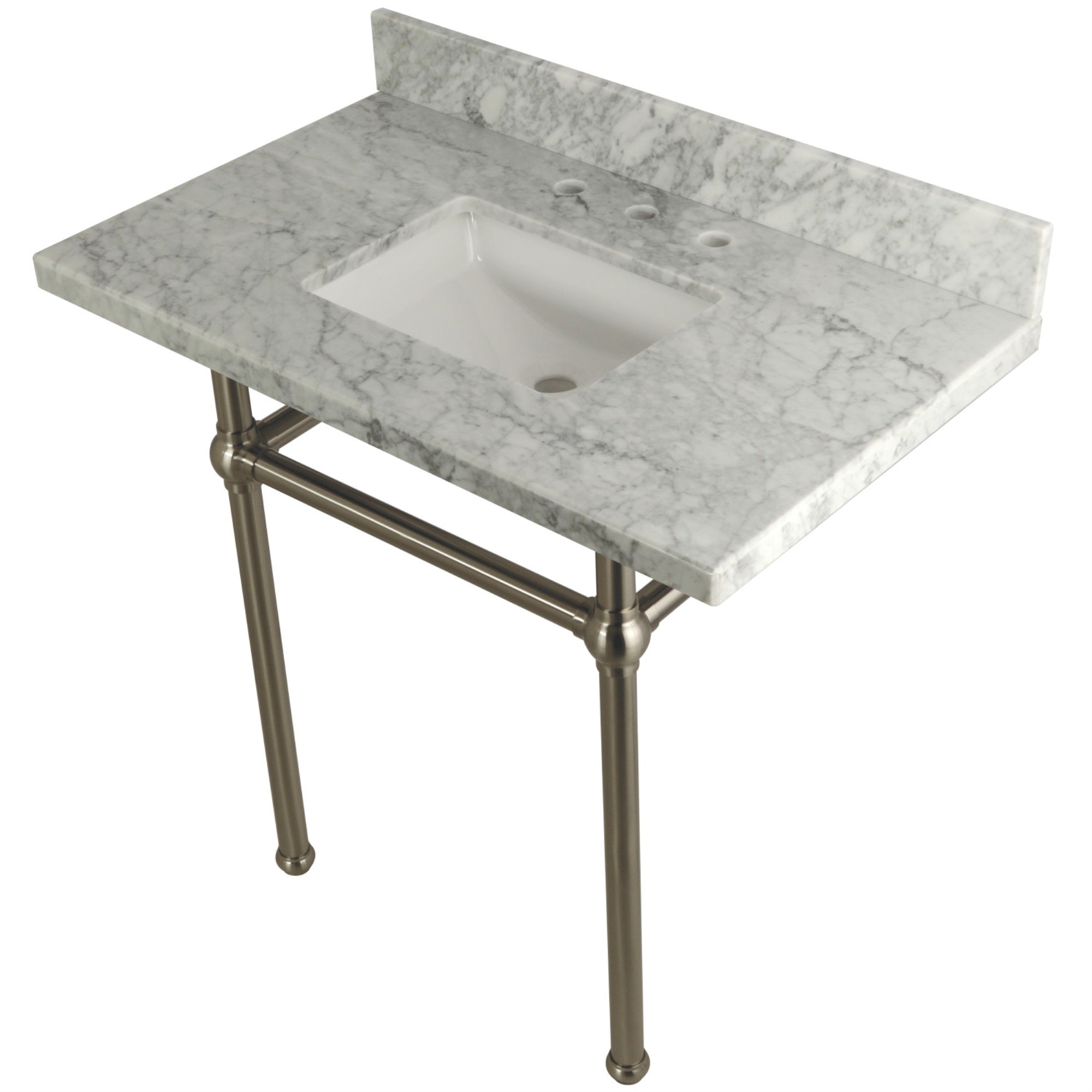 Kingston Brass Kvpb36Mbsq8 Templeton 36X22 Carrara Marble Vanity Top With Brass Feet Combo, Carrara Marble/Brushed Nickel