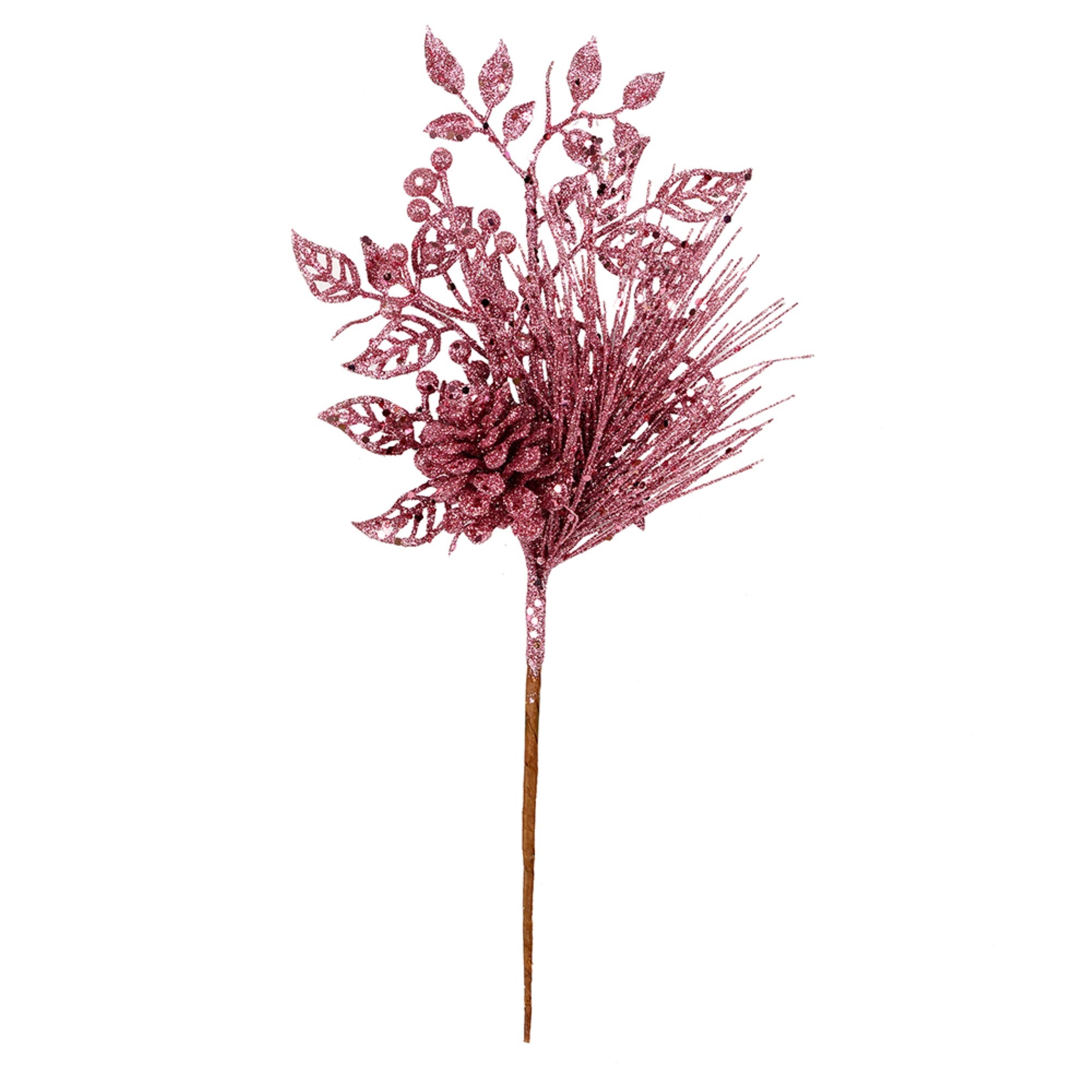 10” Pink Pinecone Glitt Leaf Pick 12/Bg