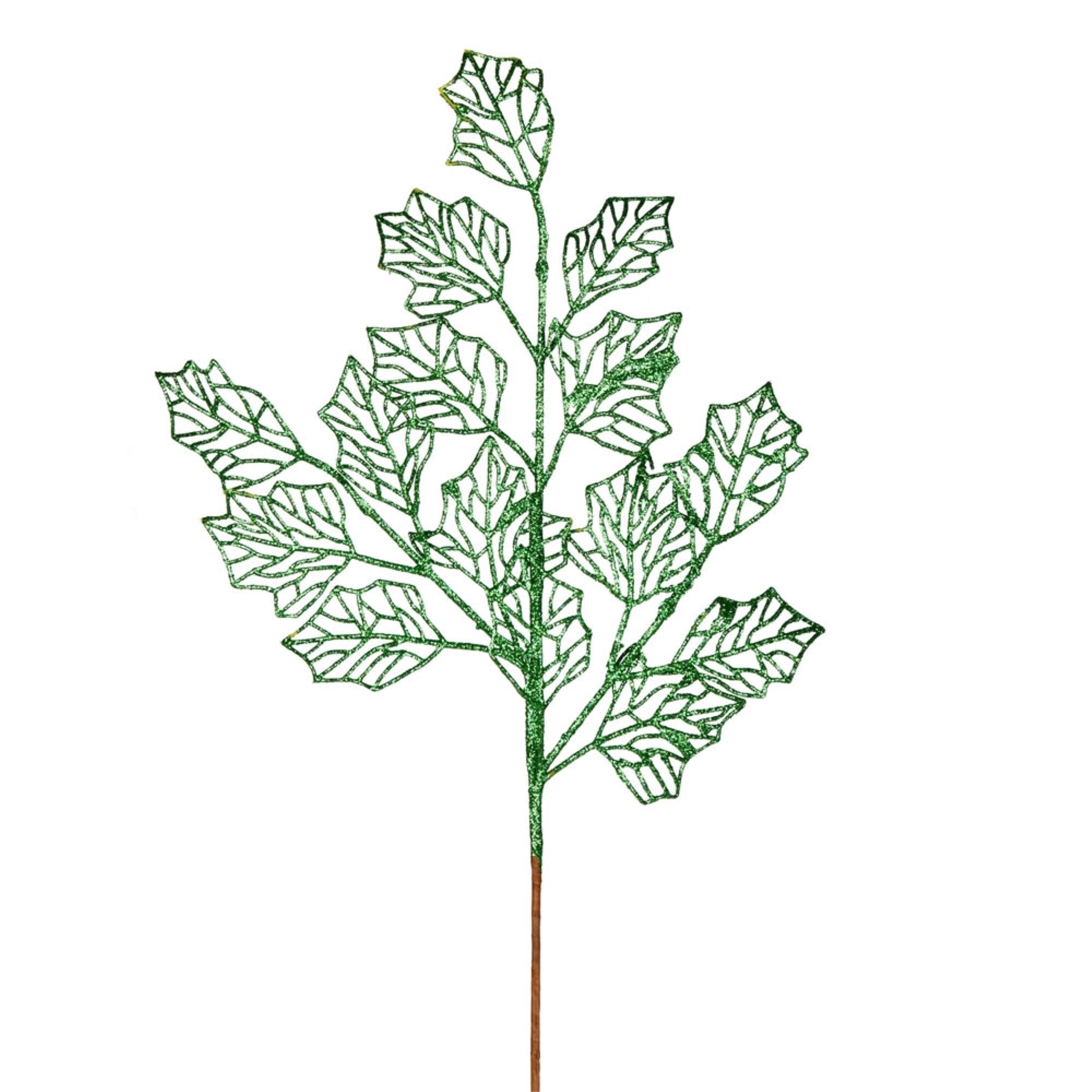 21” Green Glitter Holly Leaf Spray 12/Bx
