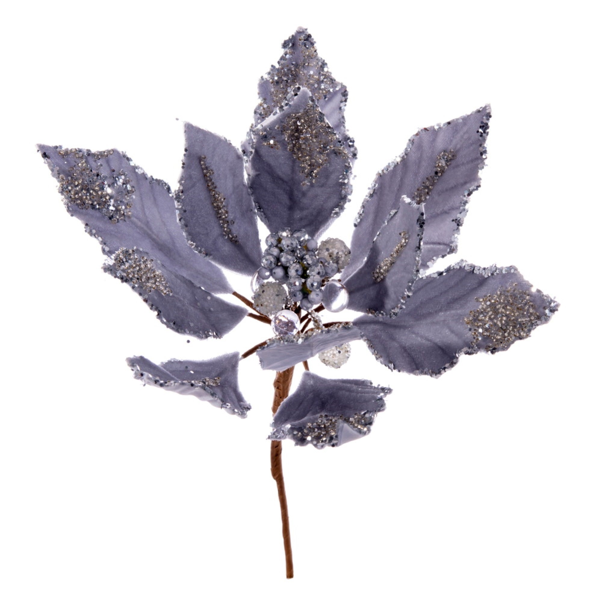9” Silver Db Velvet Poinsettia Pick 2/Bg
