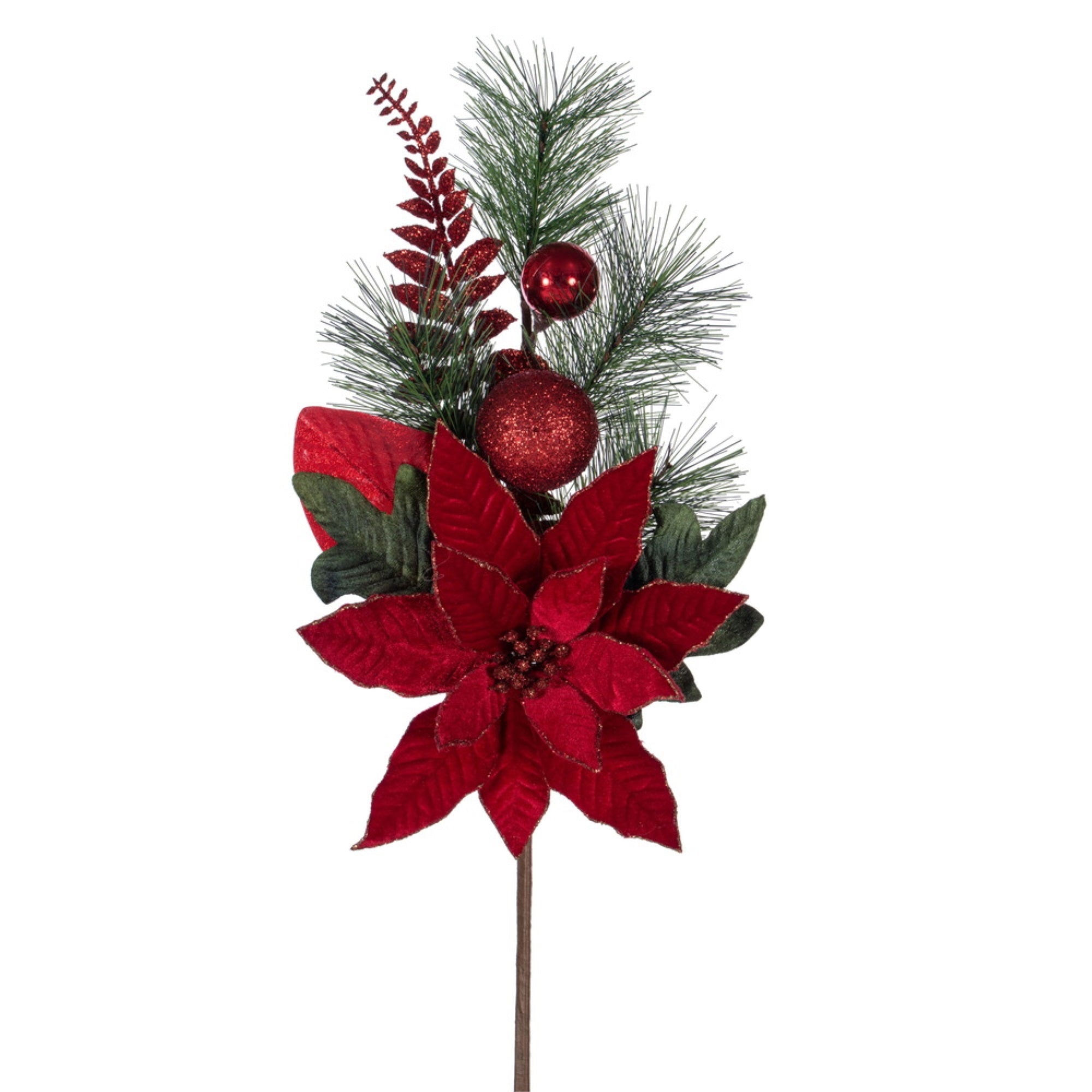 Vickerman 22” Merry Red Poinsettia Ball and Fern Decorated Spray 2 per bag.