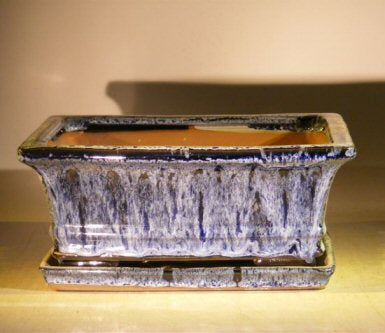 Marble Blue Ceramic Bonsai Pot - Rectangle<br>With Attached Humidity/Drip tray<br><i>8.5 x 6.5 x 3.5</i>