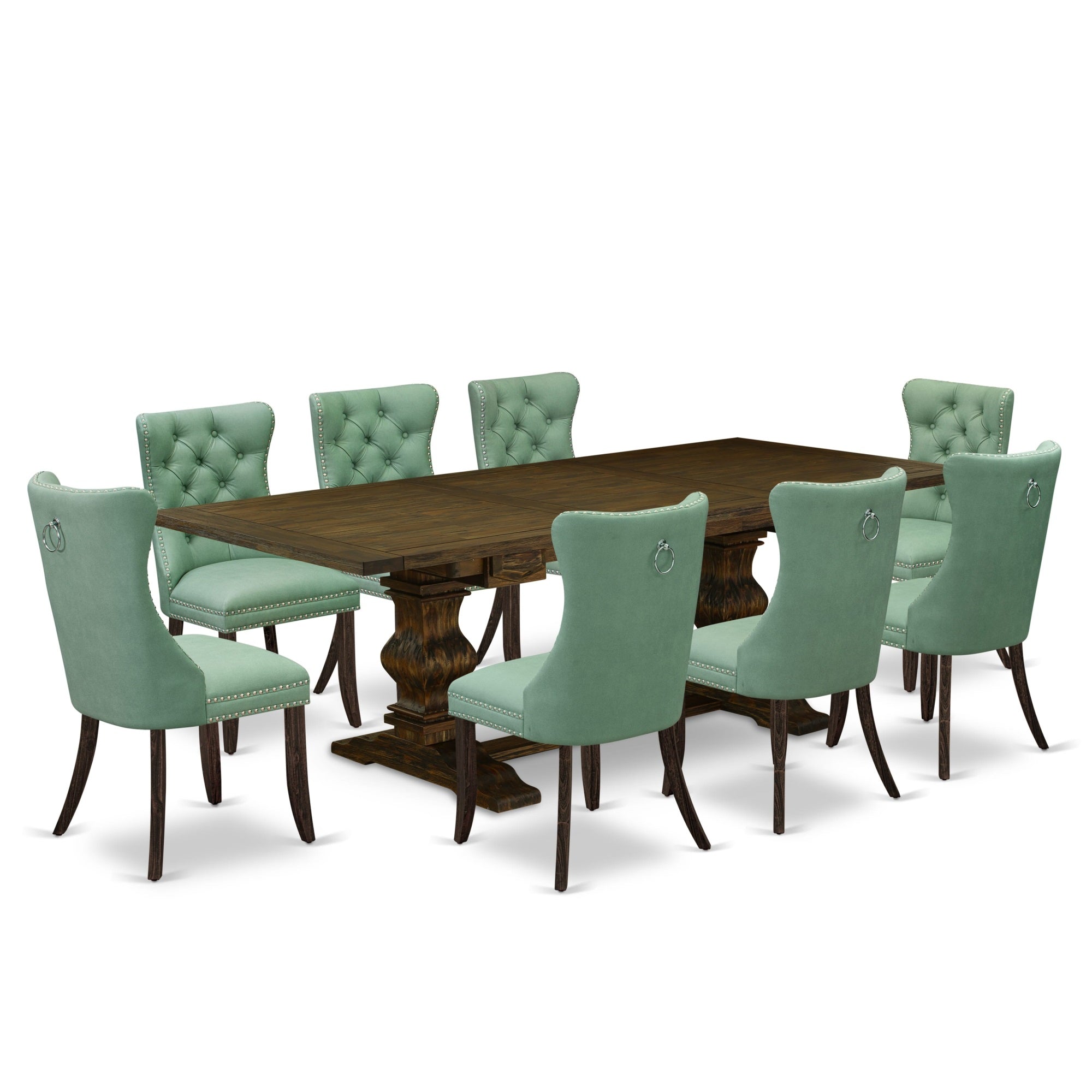 East West Furniture Lada9-07-T22 9 Piece Kitchen Set Includes A Rectangle Dining Table With Butterfly Leaf And 8 Upholstered Chairs, 42X92 Inch, Distressed Jacobean