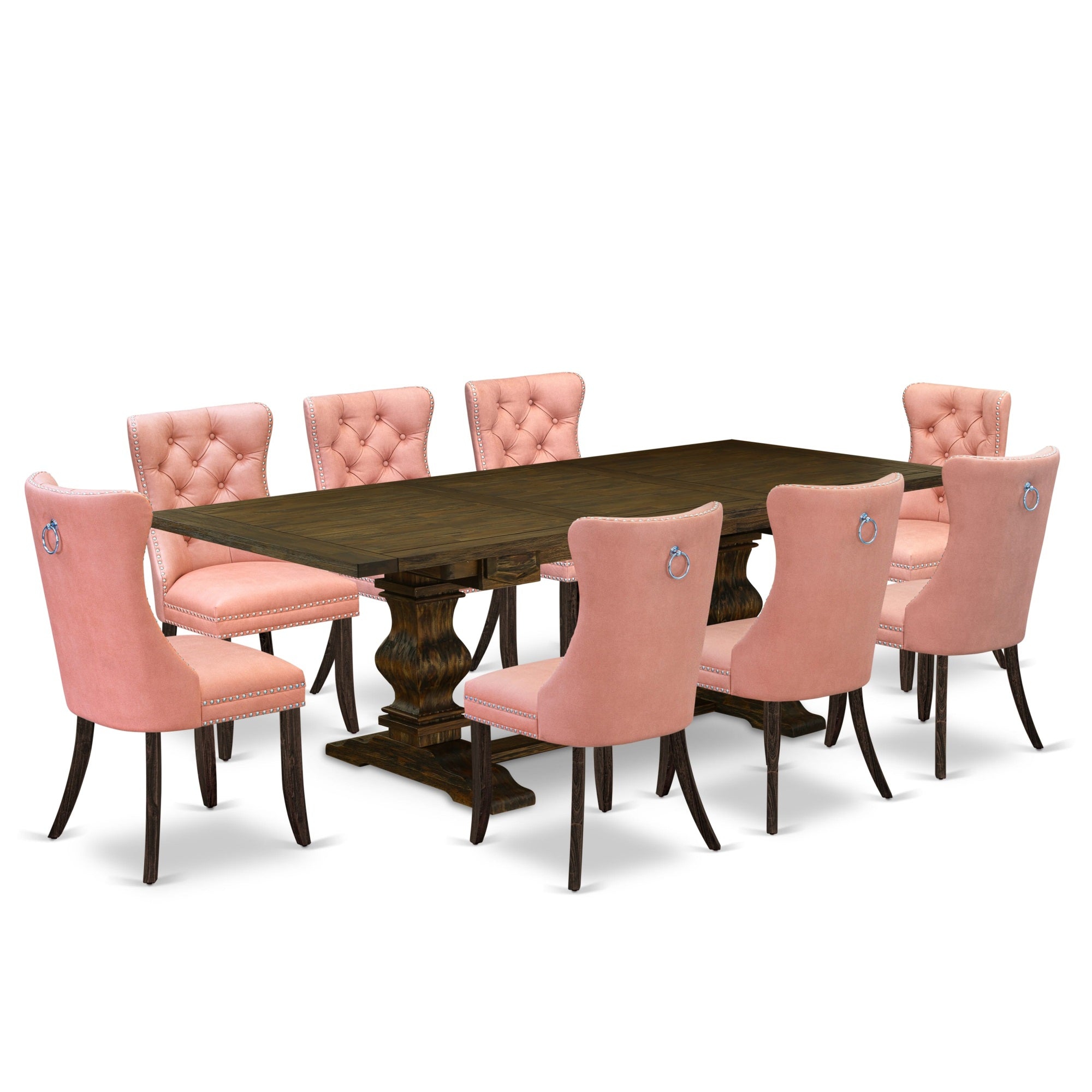 East West Furniture Lada9-07-T23 9 Piece Kitchen Set Consists Of A Rectangle Dining Table With Butterfly Leaf And 8 Upholstered Chairs, 42X92 Inch, Distressed Jacobean