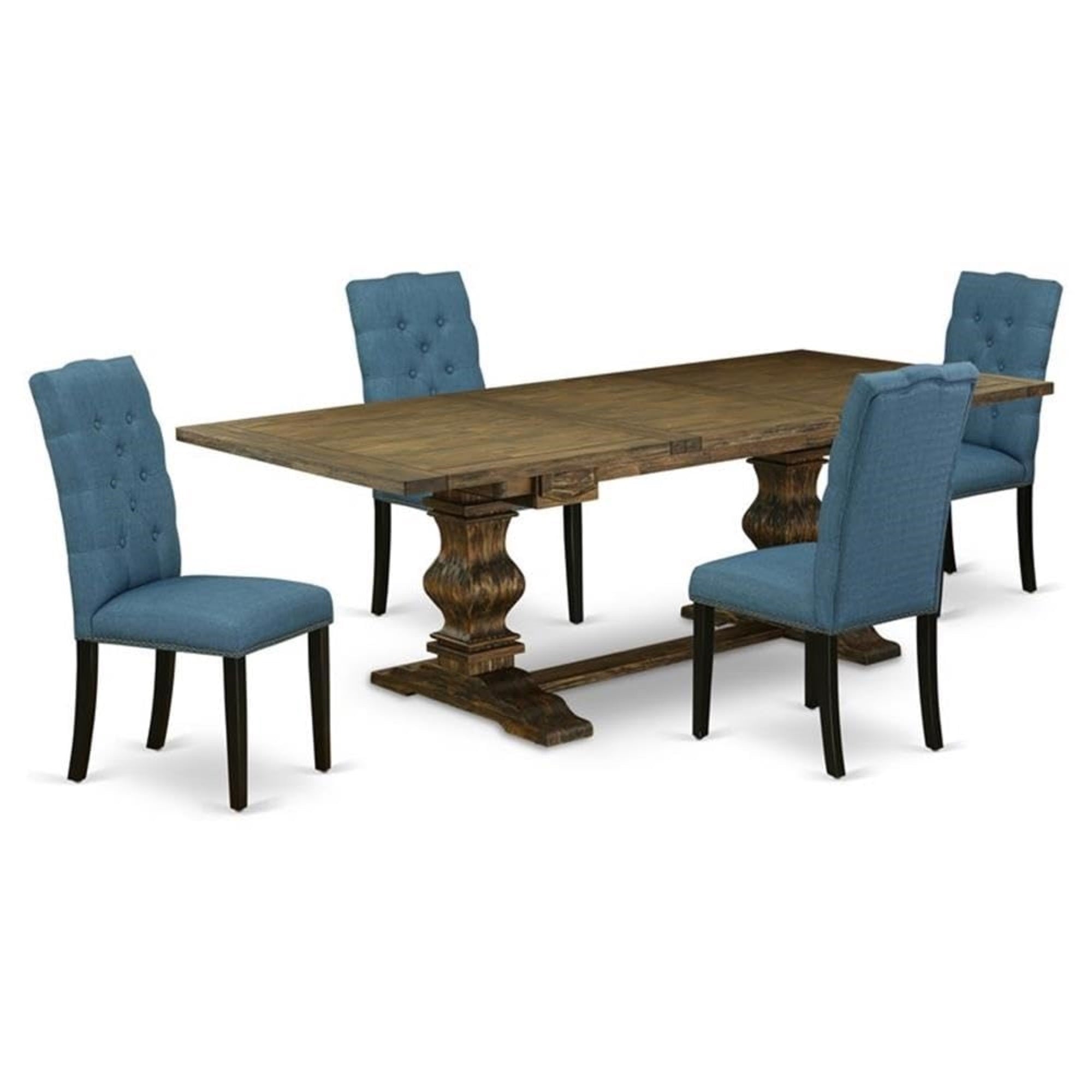 Casafoyer Lael5-71-21 5 Piece Dining Room Table Set Includes A Rectangle Kitchen Table With Removable Leaf And 4 Blue Linen Fabric Parsons Dining Chairs, 42X92 Inch, Jacobean