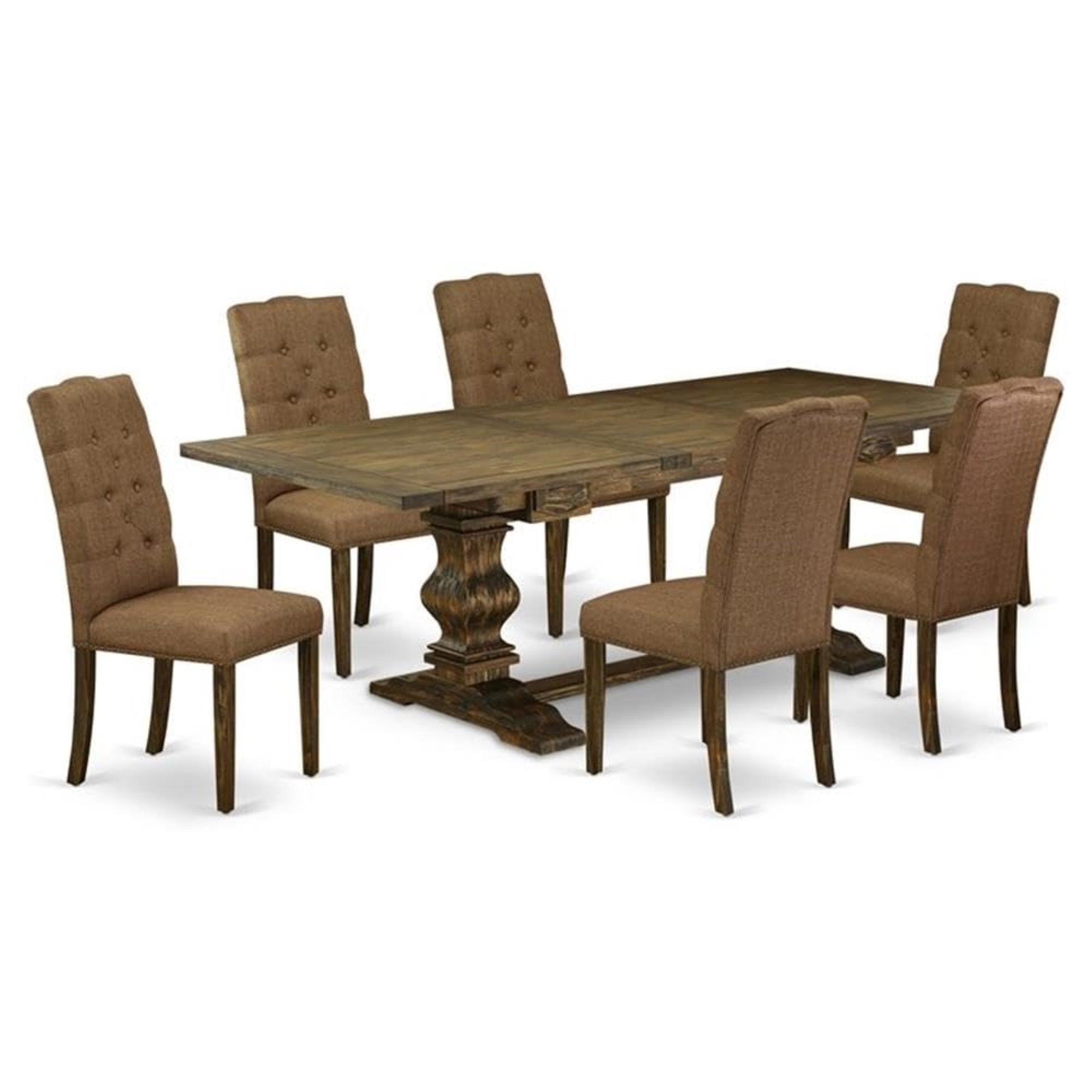 Casafoyer Lael7-77-18 7 Piece Dining Set Consist Of A Rectangle Dining Room Table With Removable Leaf And 6 Brown Linen Linen Fabric Upholstered Chairs, 42X92 Inch, Jacobean