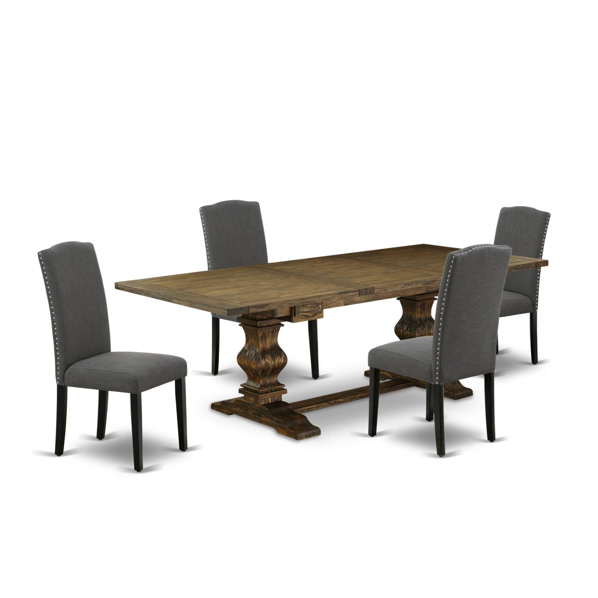 Casafoyer Laen5-71-20 5 Piece Dining Set Includes A Rectangle Dining Room Table With Removable Leaf And 4 Dark Gotham Linen Fabric Upholstered Chairs, 42X92 Inch, Jacobean