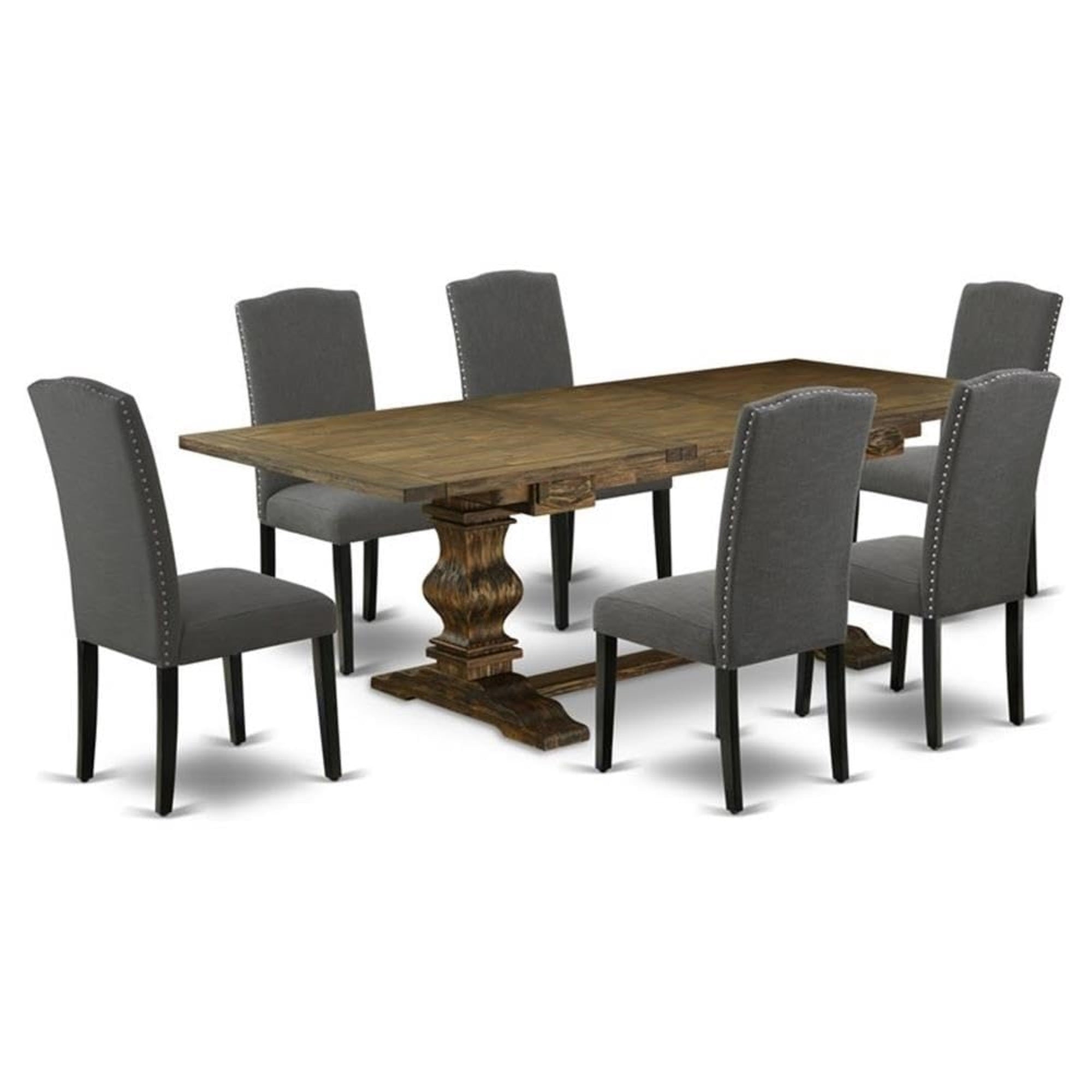 Casafoyer Laen7-71-20 7 Piece Kitchen Table Set Consist Of A Rectangle Dining Table With Removable Leaf And 6 Dark Gotham Linen Fabric Parson Chairs, 42X92 Inch, Jacobean