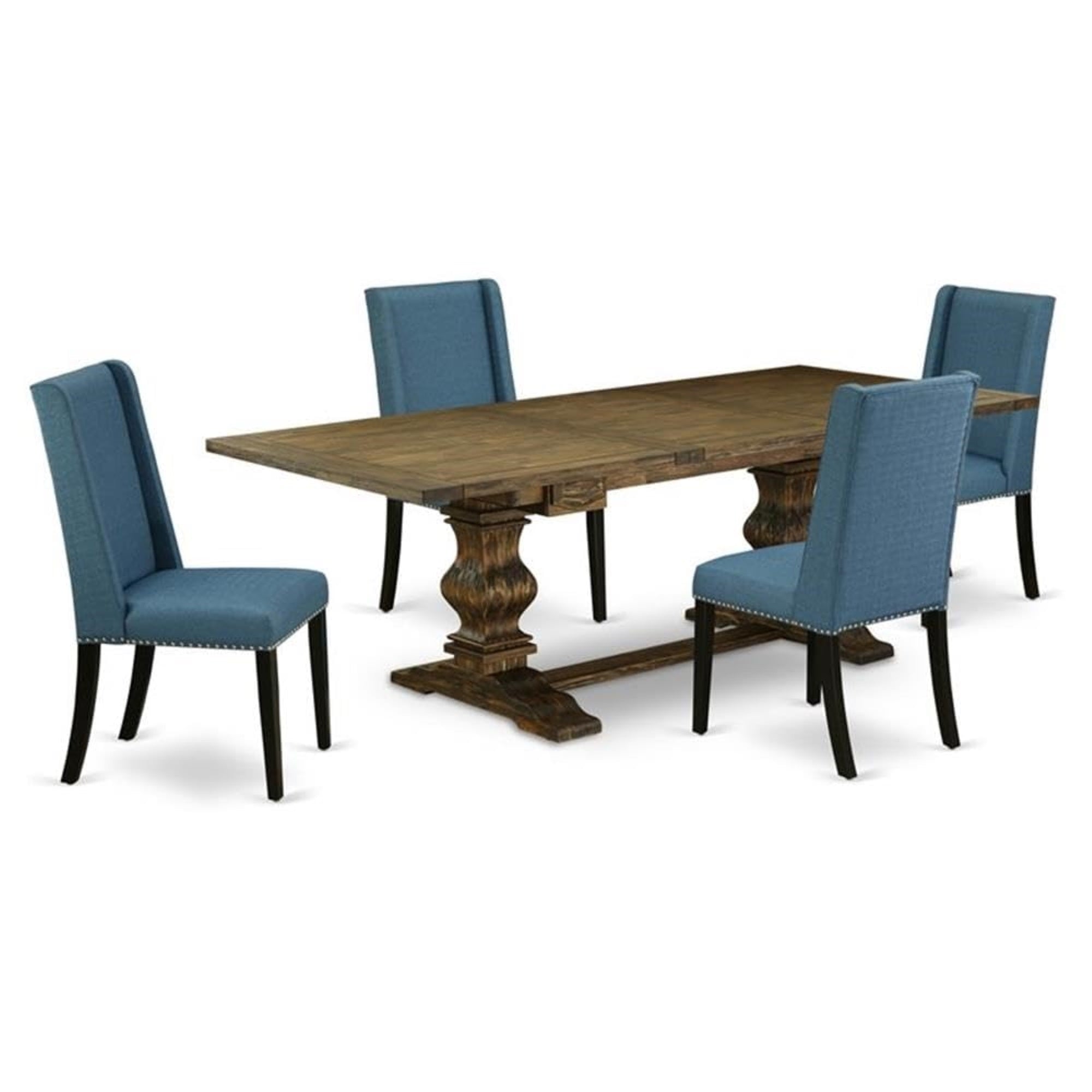 Casafoyer Lafl5-71-21 5 Piece Dining Table Set Includes A Rectangle Kitchen Table With Removable Leaf And 4 Blue Linen Fabric Parson Dining Chairs, 42X92 Inch, Jacobean