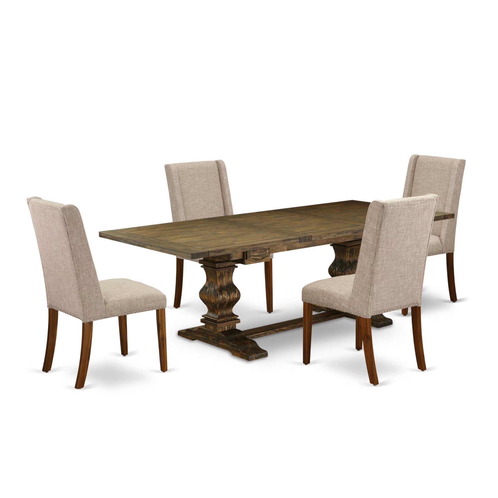 Casafoyer Lafl5-78-04 5 Piece Dining Table Set For 4 Includes A Rectangle Kitchen Table With Removable Leaf And 4 Light Tan Linen Fabric Parsons Chairs, 42X92 Inch, Jacobean