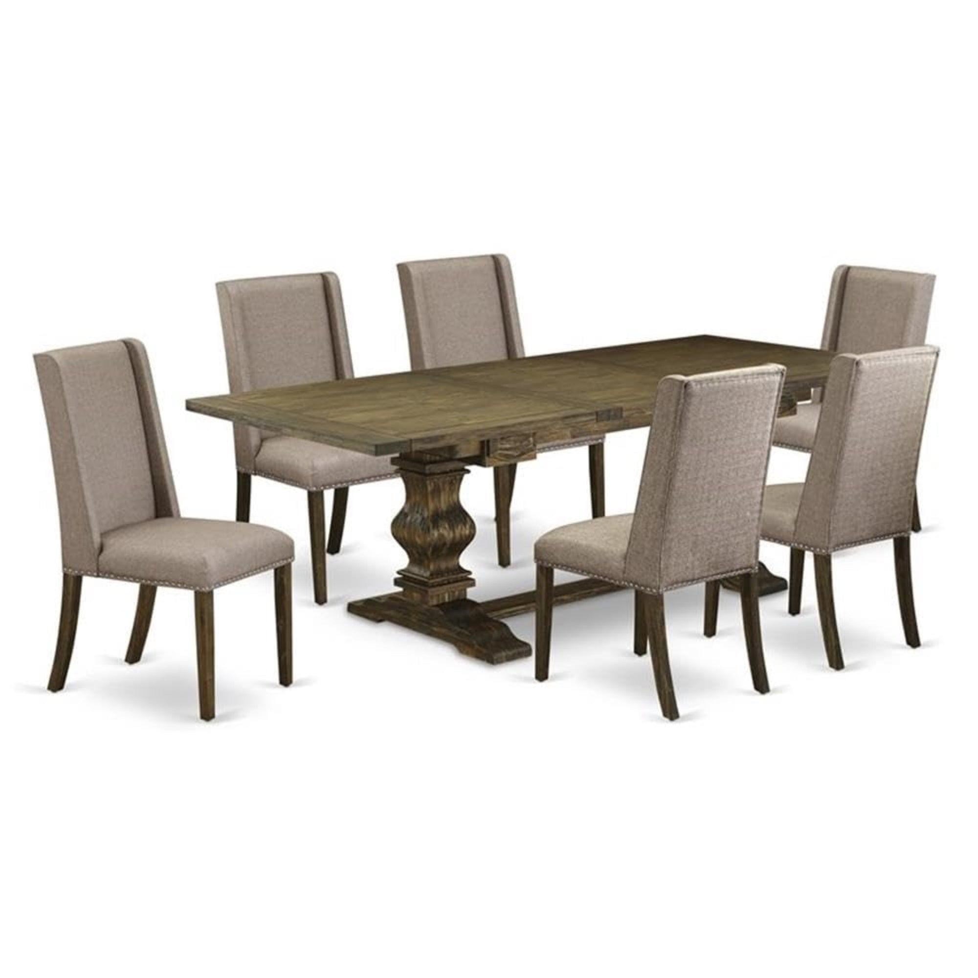 Casafoyer Lafl7-77-16 7 Piece Kitchen Table Set Consist Of A Rectangle Dining Table With Removable Leaf And 6 Dark Khaki Linen Fabric Parsons Chairs, 42X92 Inch, Jacobean