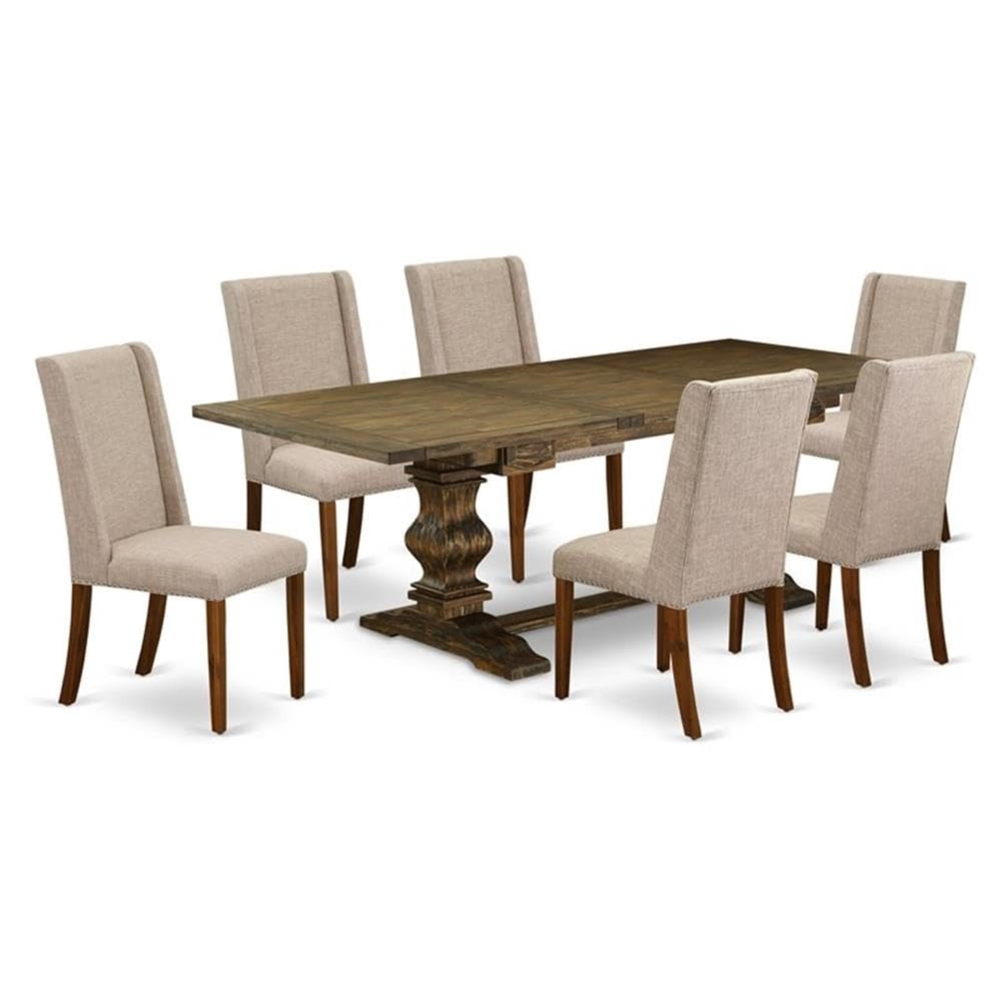 Casafoyer Lafl7-78-04 Lassale 7 Piece Dining Set Consist Of A Rectangle Wooden Table With  Leaf And 6 Light Tan Linen Fabric Upholstered Chairs, 42X92 Inch, Jacobean