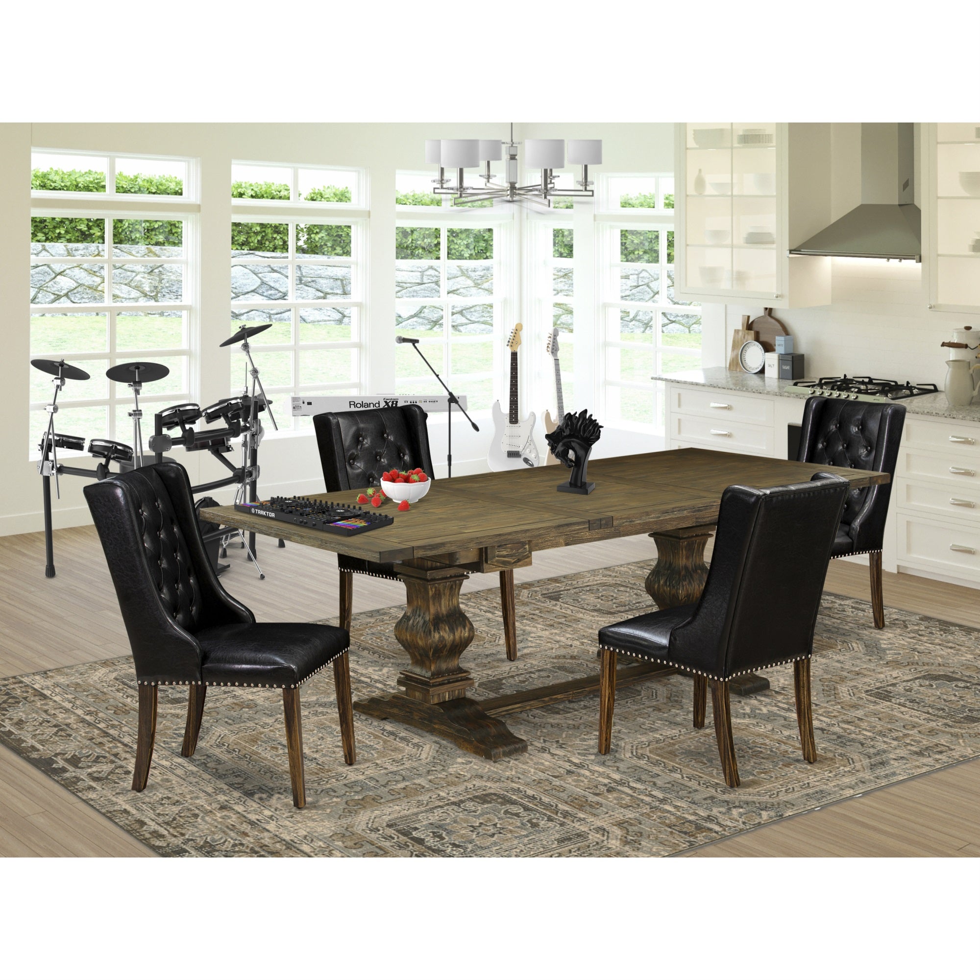 East West Furniture Lafo5-77-49 5-Pc Kitchen Dining Room Set Includes 1 Butterfly Leaf Double Pedestal Table And 4 Black Linen Fabric Dining Chair With Button Tufted Back - Distressed Jacobean Finish