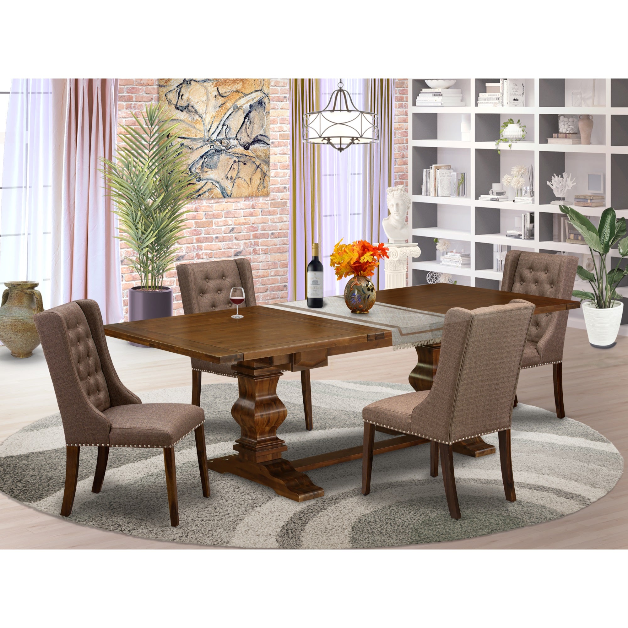 East West Furniture Lafo5-88-18 5-Pc Kitchen Table Set Includes 1 Butterfly Double Pedestal Dining Table And 4 Brown Linen Fabric Parson Dining Chairs With Button Tufted Back - Antique Walnut Finish