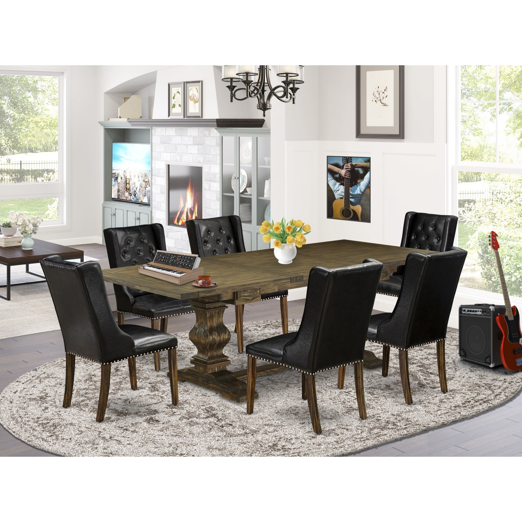 East West Furniture Lafo7-77-49 7-Pc Kitchen Dining Set Includes 1 Butterfly Leaf Double Pedestal Dining Table And 6 Linen Fabric Dining Chairs With Button Tufted Back - Distressed Jacobean Finish