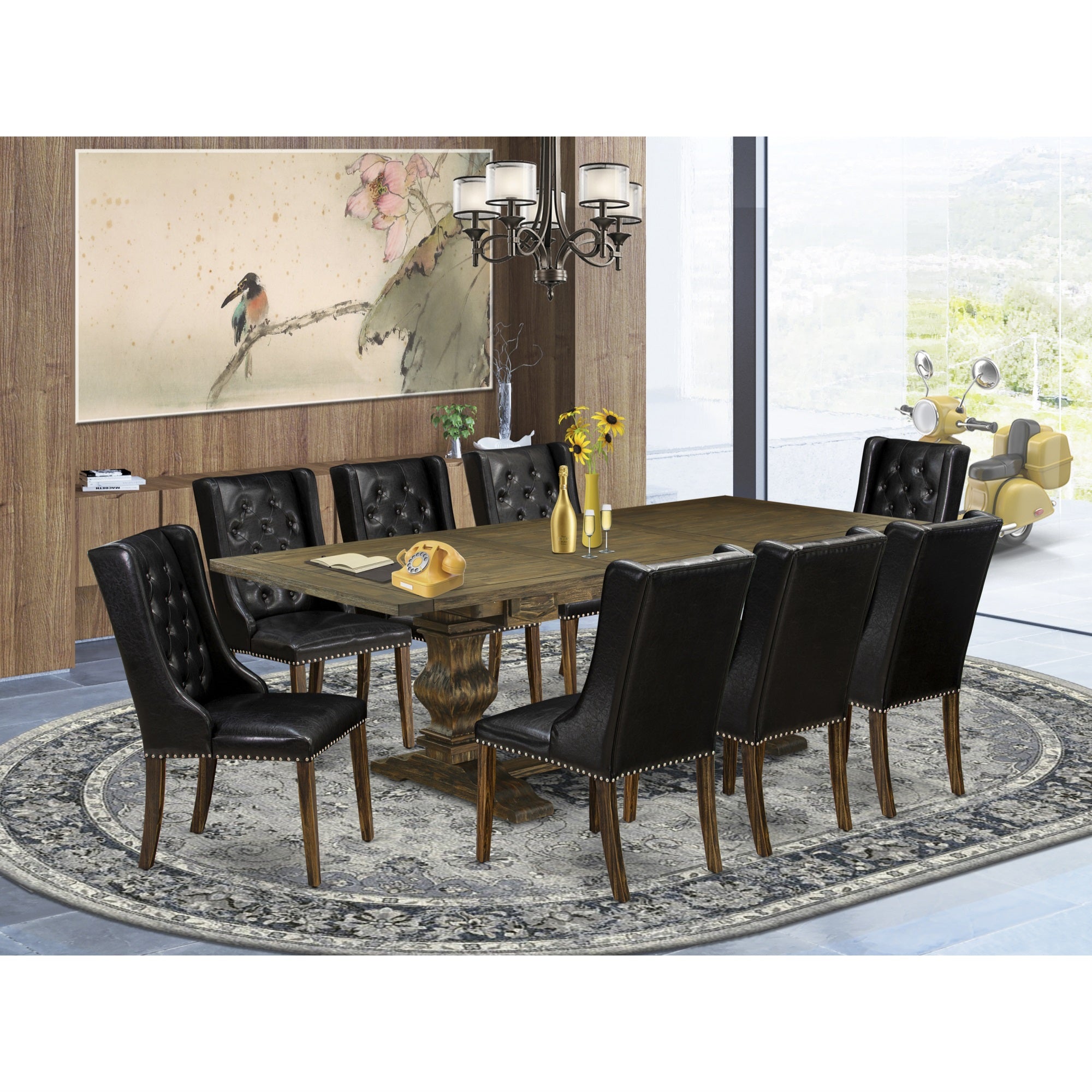 East West Furniture Lafo9-77-49 9-Piece Dinette Set Includes 1 Butterfly Leaf Double Pedestal Kitchen Table And 8 Black Linen Fabric Parson Chairs With Button Tufted Back - Distressed Jacobean Finish