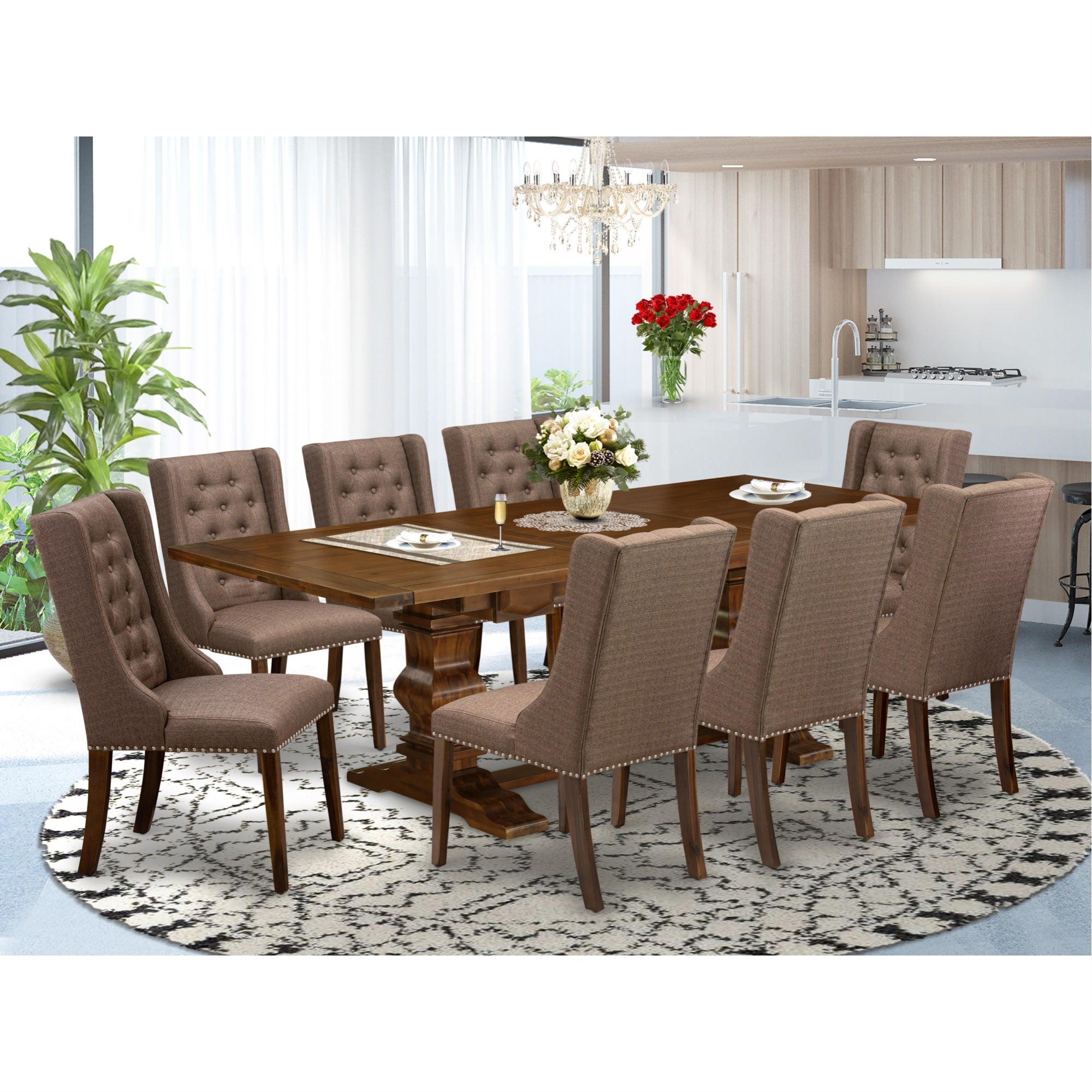 East West Furniture Lafo9-88-18 9-Pc Kitchen Room Table Set Includes 1 Butterfly Double Pedestal Dining Table And 8 Brown Linen Fabric Parson Chairs With Button Tufted Back - Antique Walnut Finish