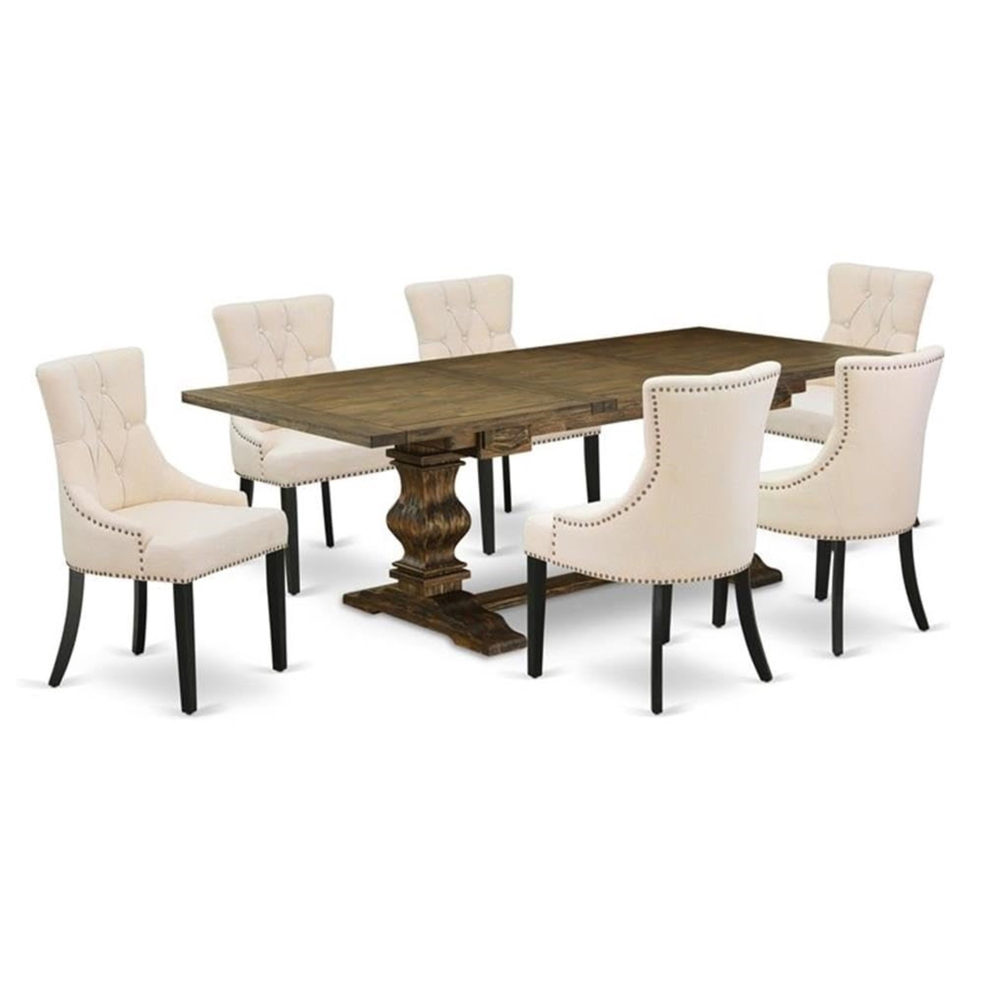 Casafoyer Lafr7-71-02 7 Piece Dining Table Set Consist Of A Rectangle Removable Leaf Kitchen Table And 6 Light Beige Linen Fabric Parson Chairs, 42X92 Inch, Jacobean