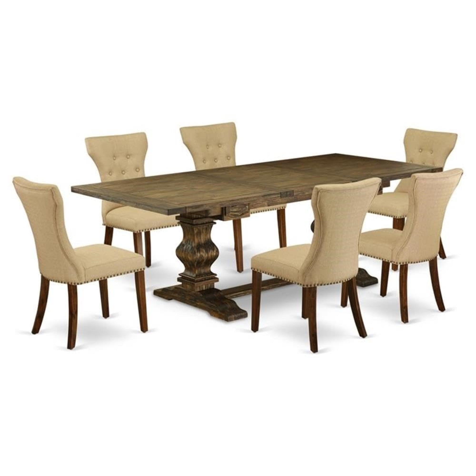 Casafoyer Laga7-78-03 7-Piece Dining Table Set - 6 Dining Chairs With Brown Linen Fabric Back And Seat - Dining Table With Pedestal Legs - Antique Walnut & Distressed Jacobean Finish