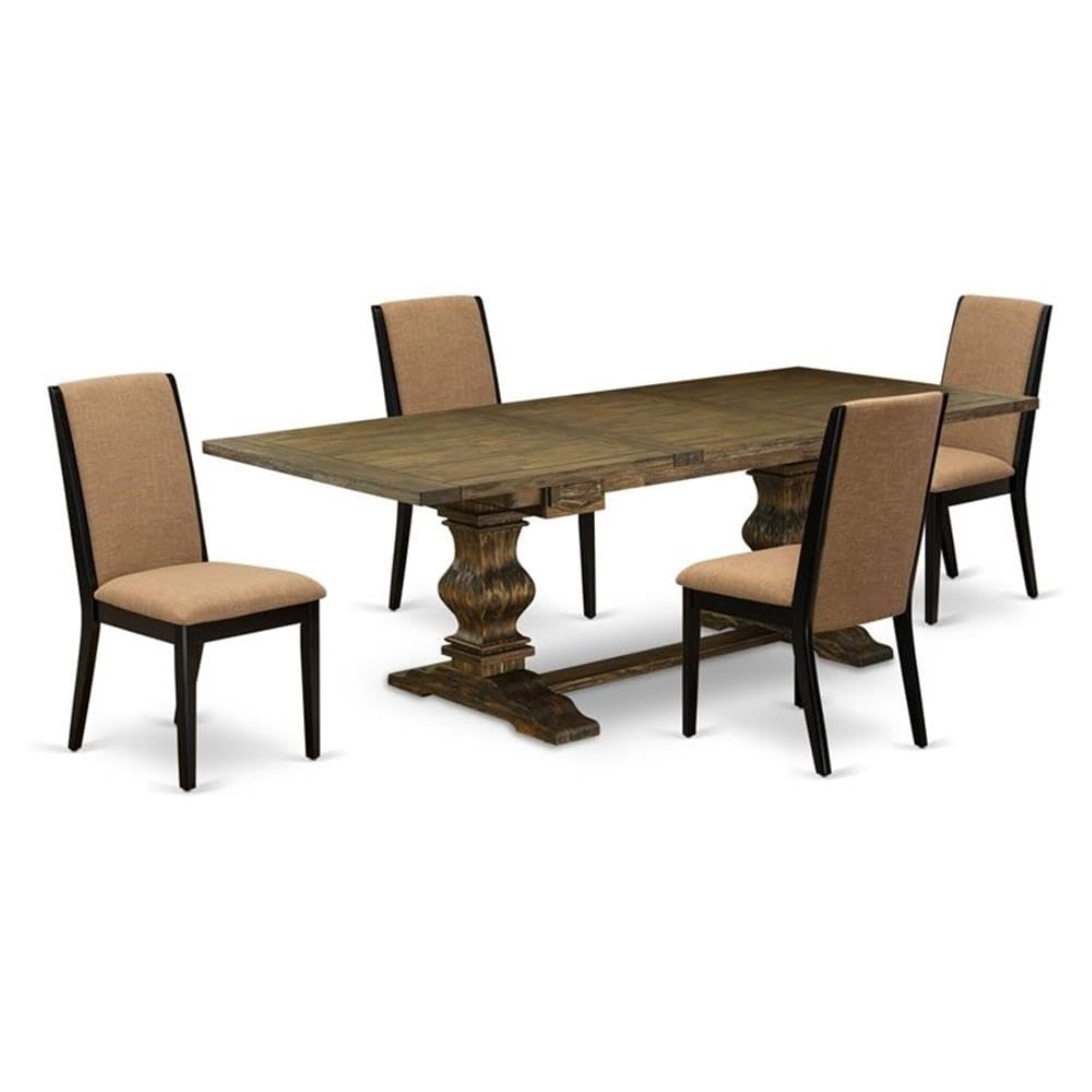 Casafoyer Lala5-71-47 5 Piece Dining Room Set Includes A Rectangle Wooden Table With Removable Leaf And 4 Light Sable Linen Fabric Parsons Dining Chairs, 42X92 Inch, Jacobean