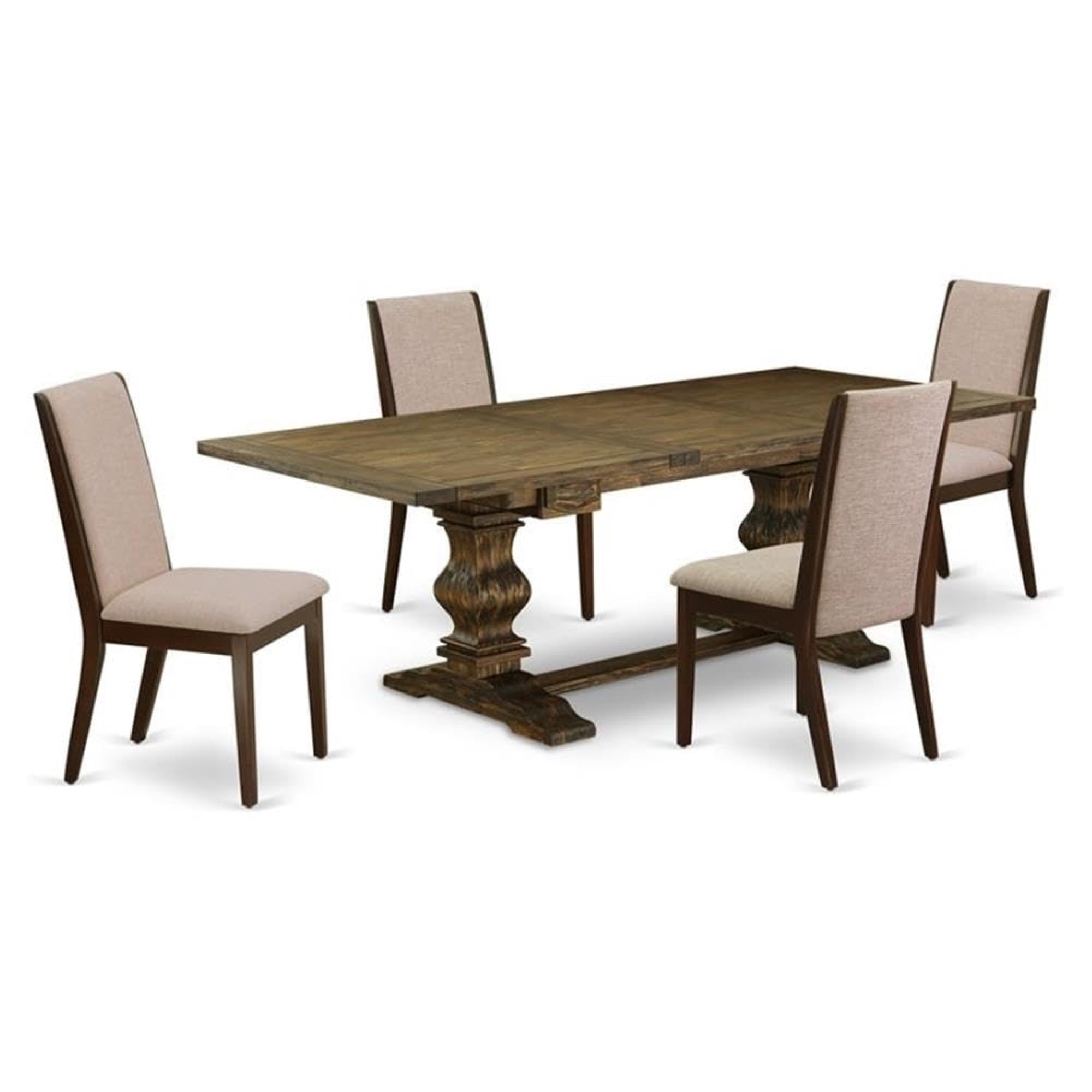 Casafoyer Lala5-73-04 5 Piece Dining Room Table Set Includes A Rectangle Kitchen Table With Removable Leaf And 4 Light Tan Linen Fabric Parsons Chairs, 42X92 Inch, Jacobean