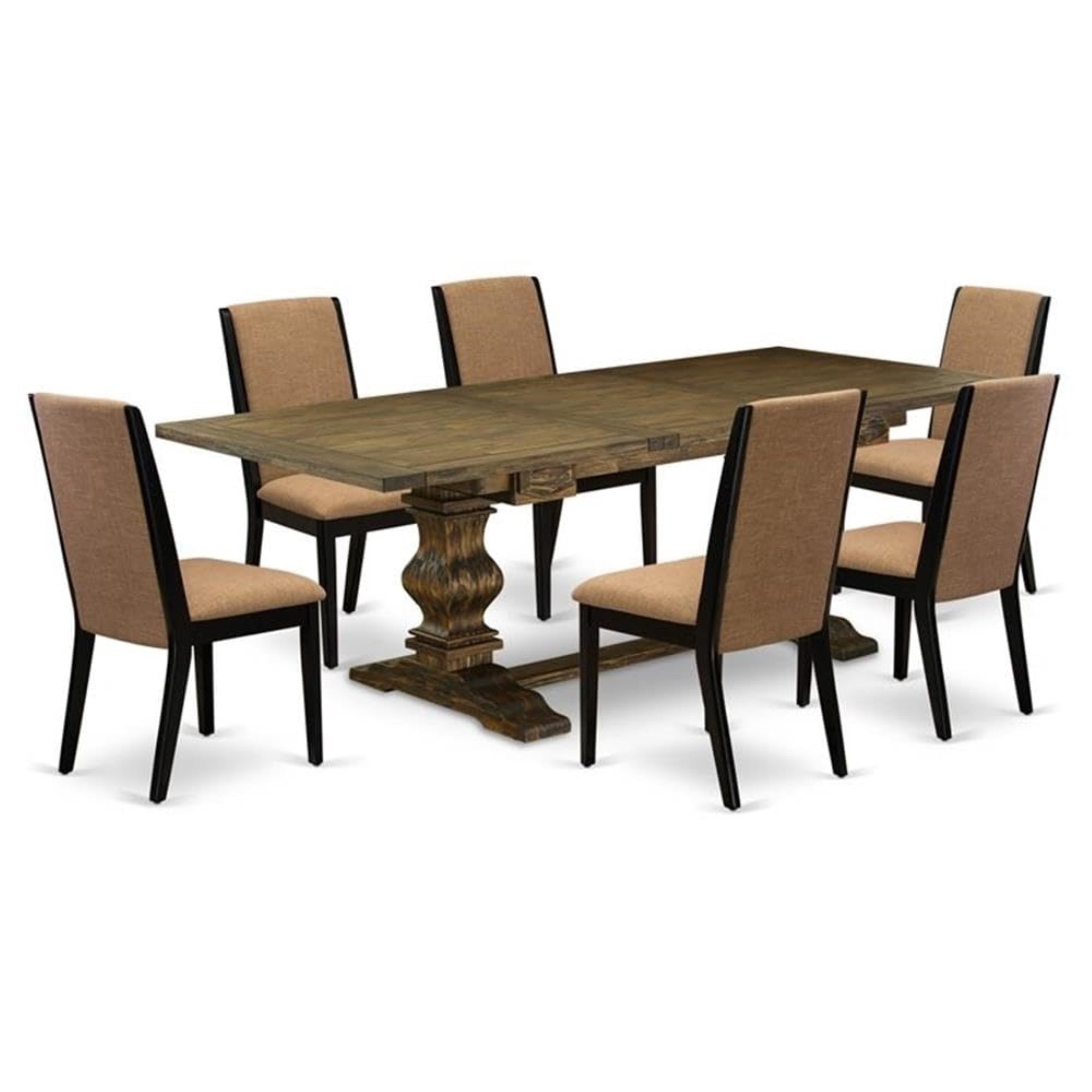 Casafoyer Lala7-71-47 7 Piece Dining Set Consist Of A Rectangle Dining Room Table With Removable Leaf And 6 Light Sable Linen Fabric Upholstered Chairs, 42X92 Inch, Jacobean