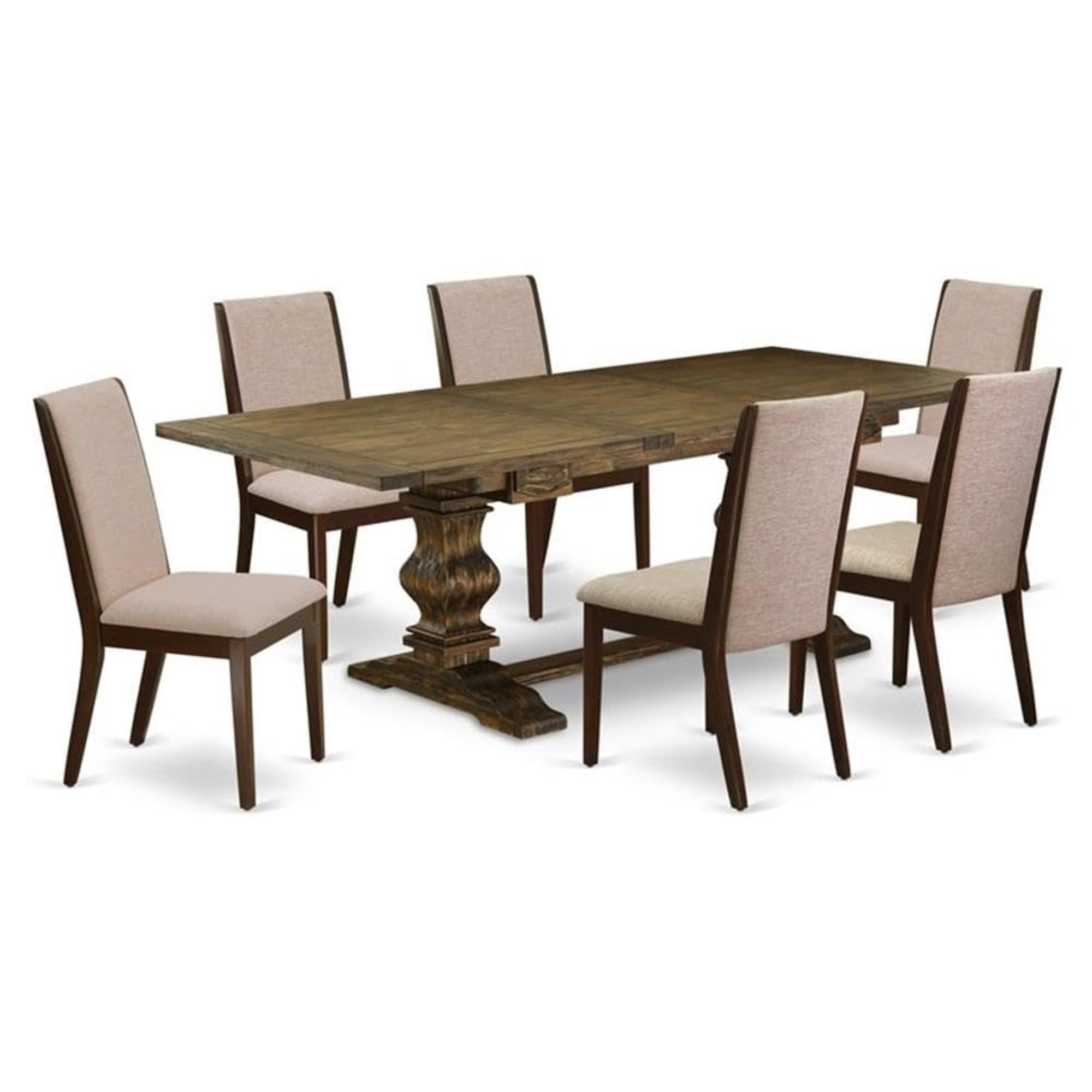 Casafoyer Lala7-73-04 7 Piece Dining Set Consist Of A Rectangle Dining Room Table With Removable Leaf And 6 Light Tan Linen Fabric Upholstered Chairs, 42X92 Inch, Jacobean