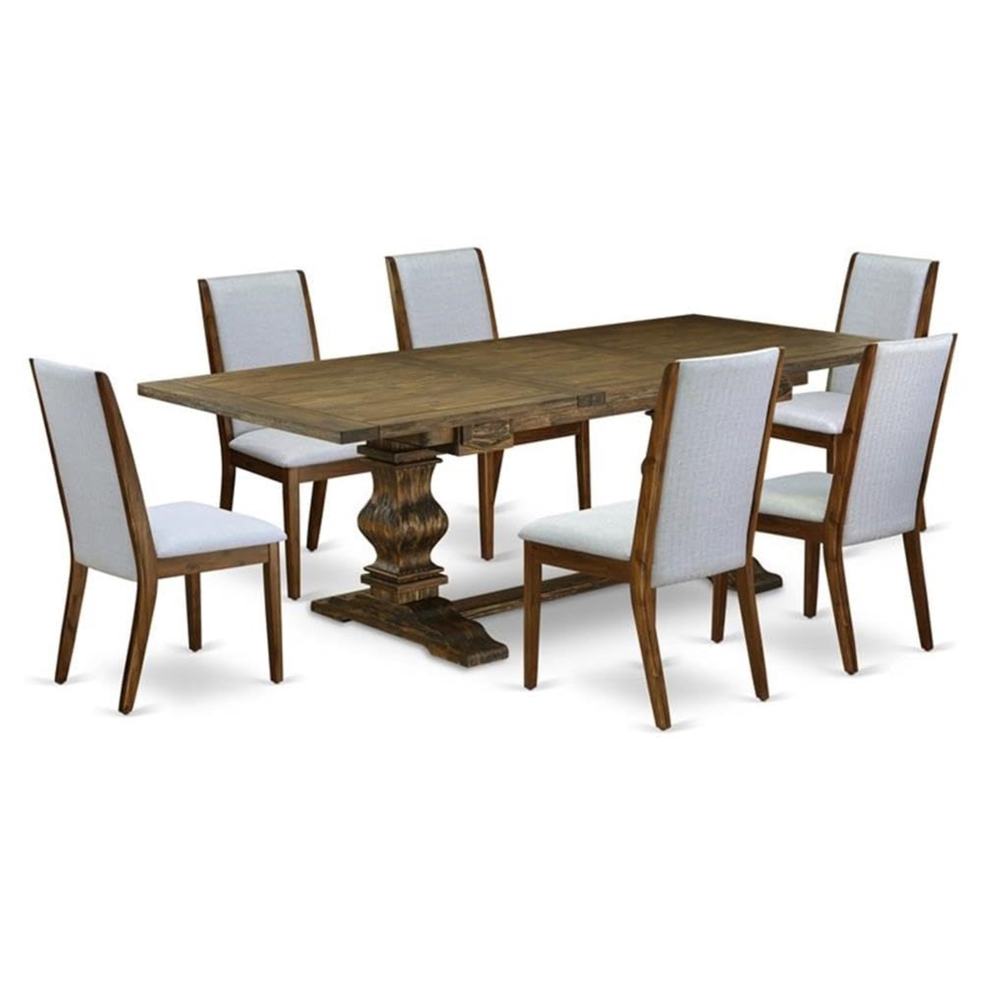 Casafoyer Lala7-78-05 7 Piece Dining Set Consist Of A Rectangle Dining Room Table With Removable Leaf And 6 Grey Linen Fabric Upholstered Chairs, 42X92 Inch, Jacobean