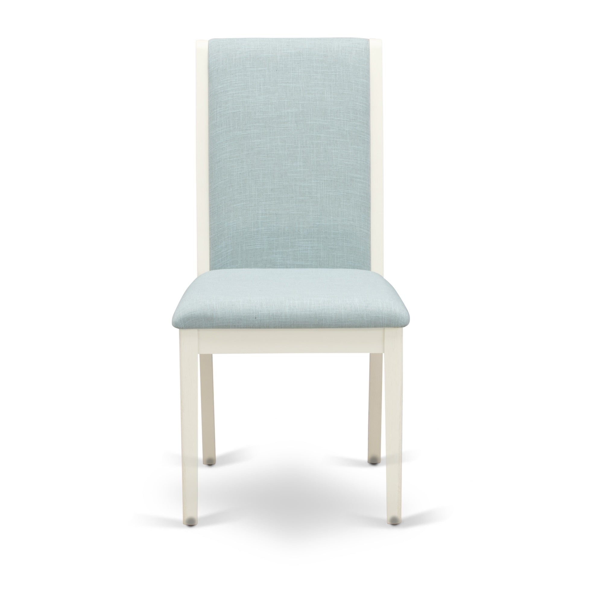 East West Furniture Lap0T15 Parsons Dining Chairs - Baby Blue Color Linen Fabric Kitchen Chairs Seat With Wirebrushed Linen White Rubber Wood Legs - Set Of 2