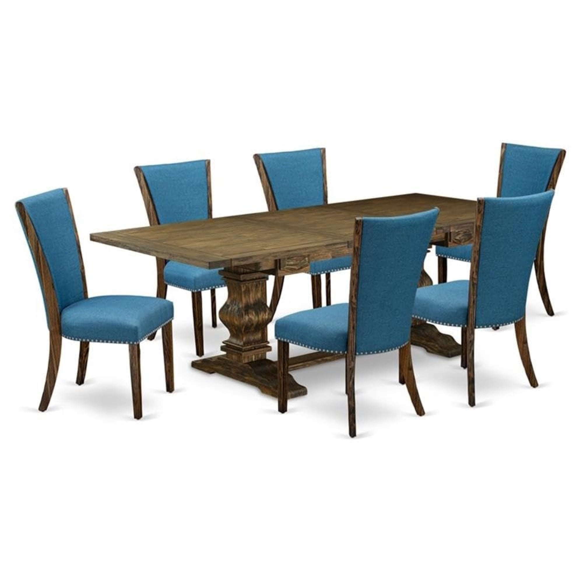 Casafoyer Lave7-77-21 7 Piece Dining Set Consist Of A Rectangle Dining Room Table With Removable Leaf And 6 Blue Color Linen Fabric Upholstered Chairs, 42X92 Inch, Jacobean