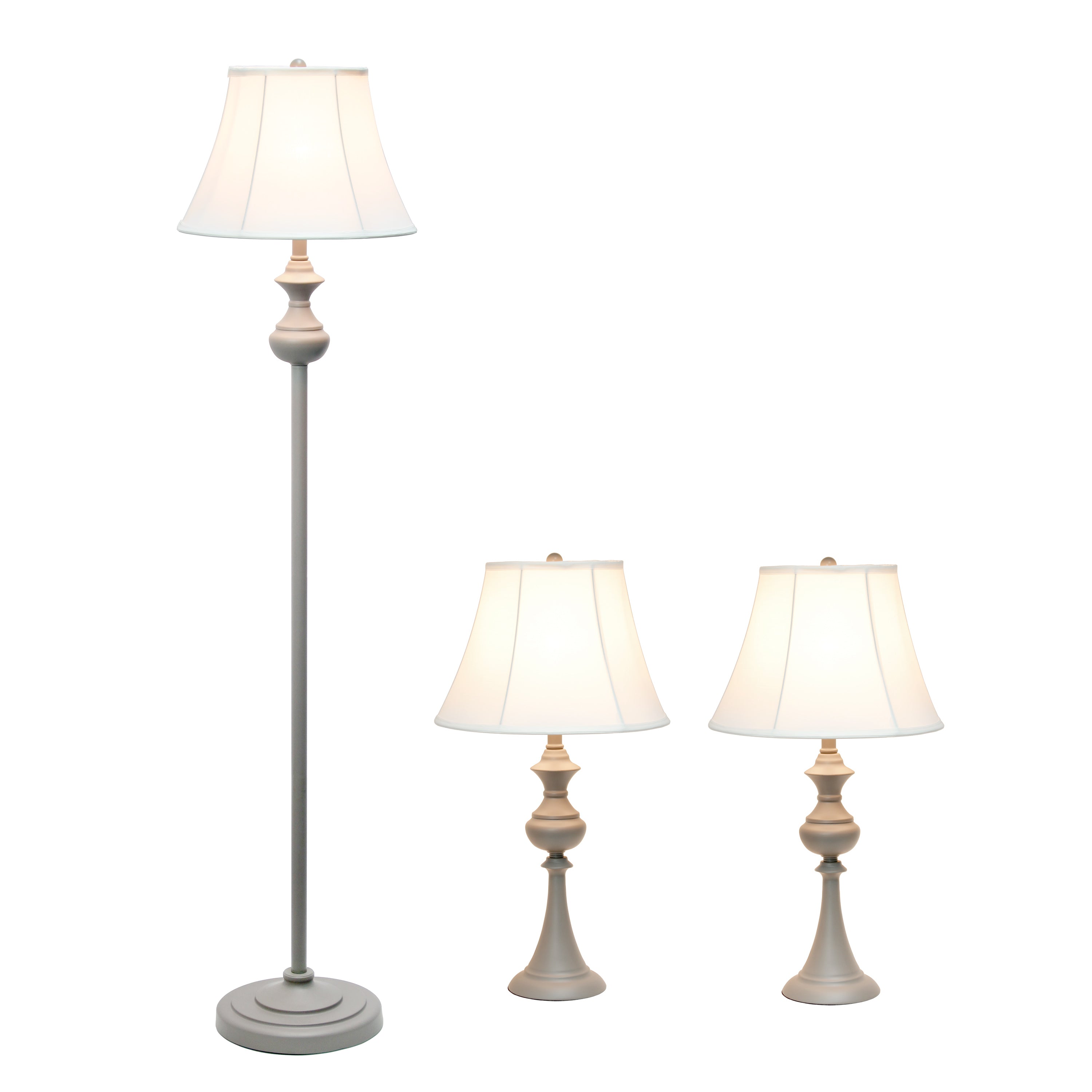 Elegant Designs Traditionally Crafted 3 Pack Lamp Set (2 Table Lamps, 1 Floor Lamp) With White Shades, Gray