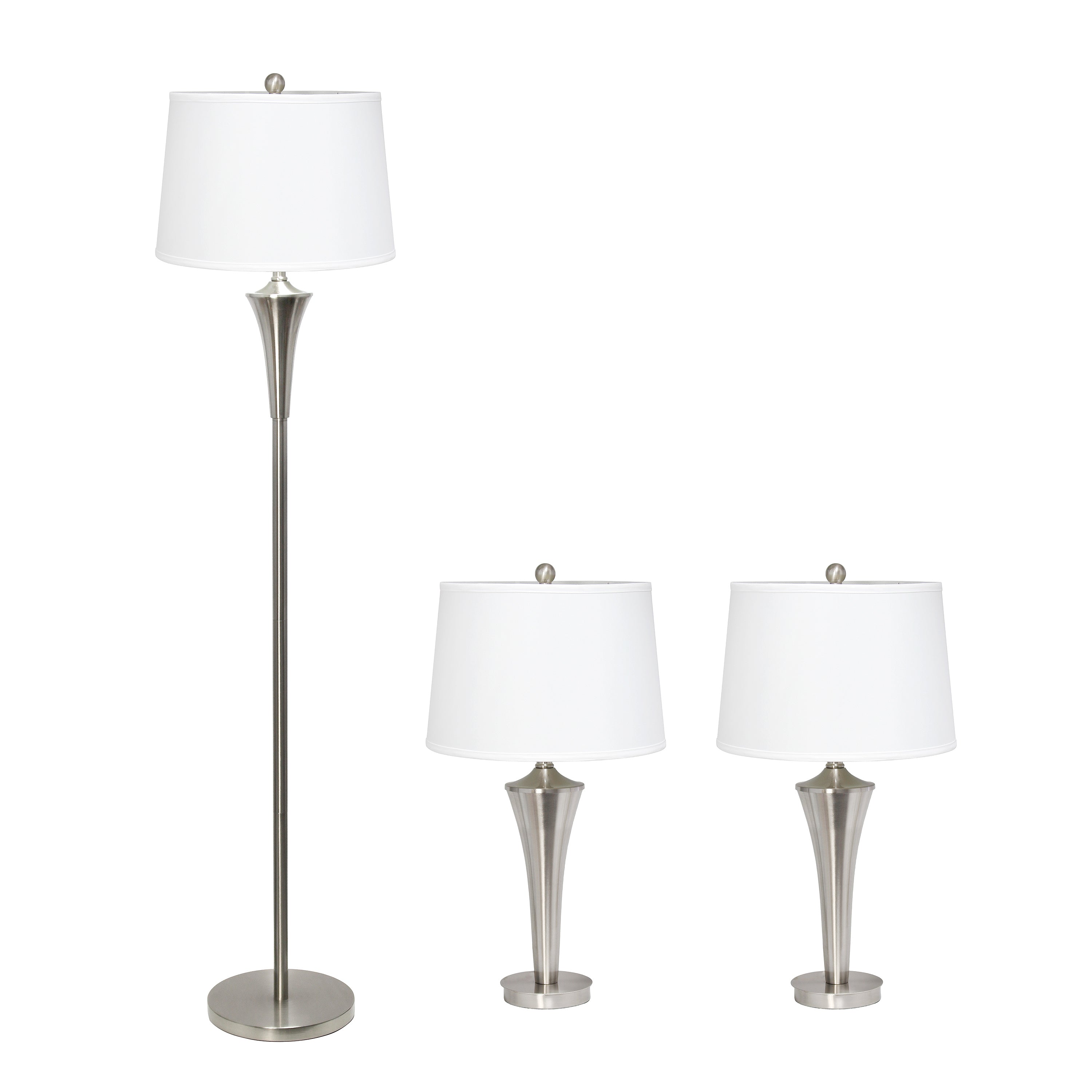 Elegant Designs Tapered 3 Pack Lamp Set (2 Table Lamps, 1 Floor Lamp) With White Shades, Brushed Nickel