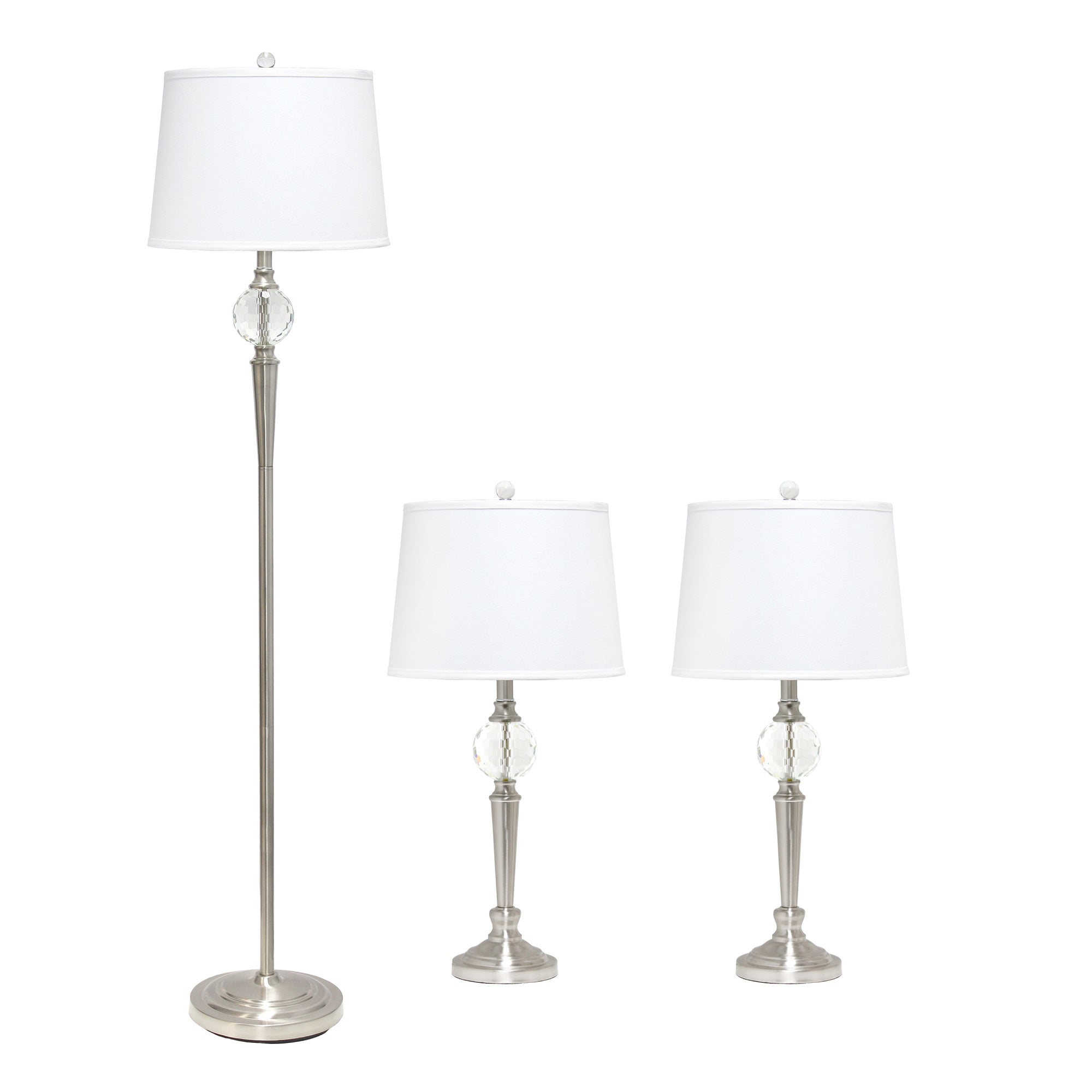 Elegant Designs Brushed Nickel 3 Pack Table Lamp Set With Crystal Accented Base (2 Table Lamps, 1 Floor Lamp)