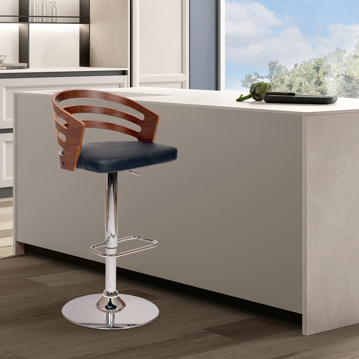 Yadlio Adele Swivel Barstool - Black Pu/Walnut Veneer, Chrome Base - Adjustable Height, 360 Swivel - Modern Home Furniture