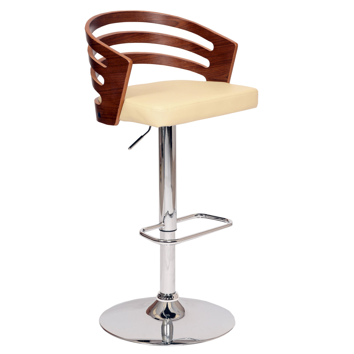 Yadlio Adele Swivel Barstool Cream Pu/Walnut Veneer/Chrome Base | Adjustable Height | 360 Swivel | Comfortable Seating | Stylish Design