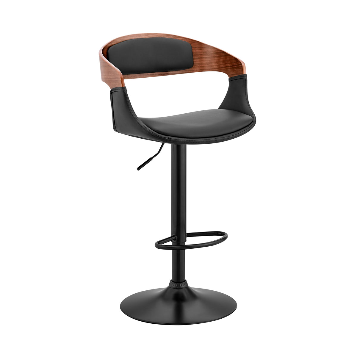 Casafoyer Benson Adjustable Black Faux Leather And Walnut Wood Bar Stool-Swivel Function, Adjustable Height, Comfortable Design-'