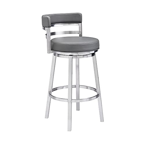 Yardlio Madrid Contemporary 26' Counter Height Barstool - Brushed Stainless Steel Finish, Grey Faux Leather - 360 Swivel Seat, Round Footrest
